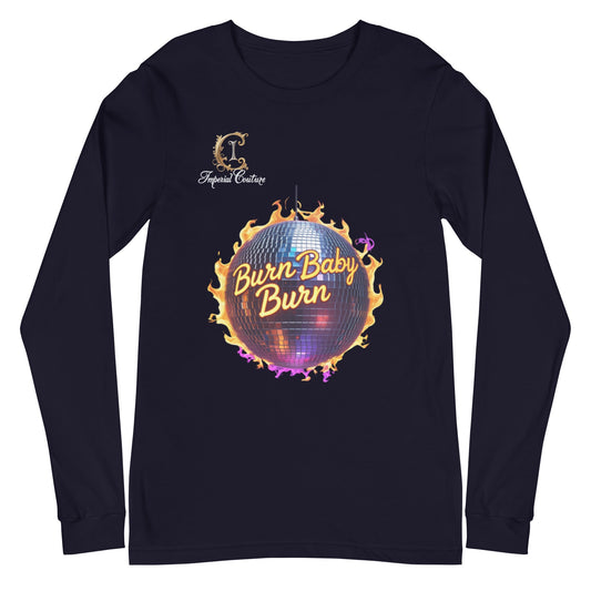 Imperial Couture Burn unisex long sleeve tee with fiery disco ball design.
