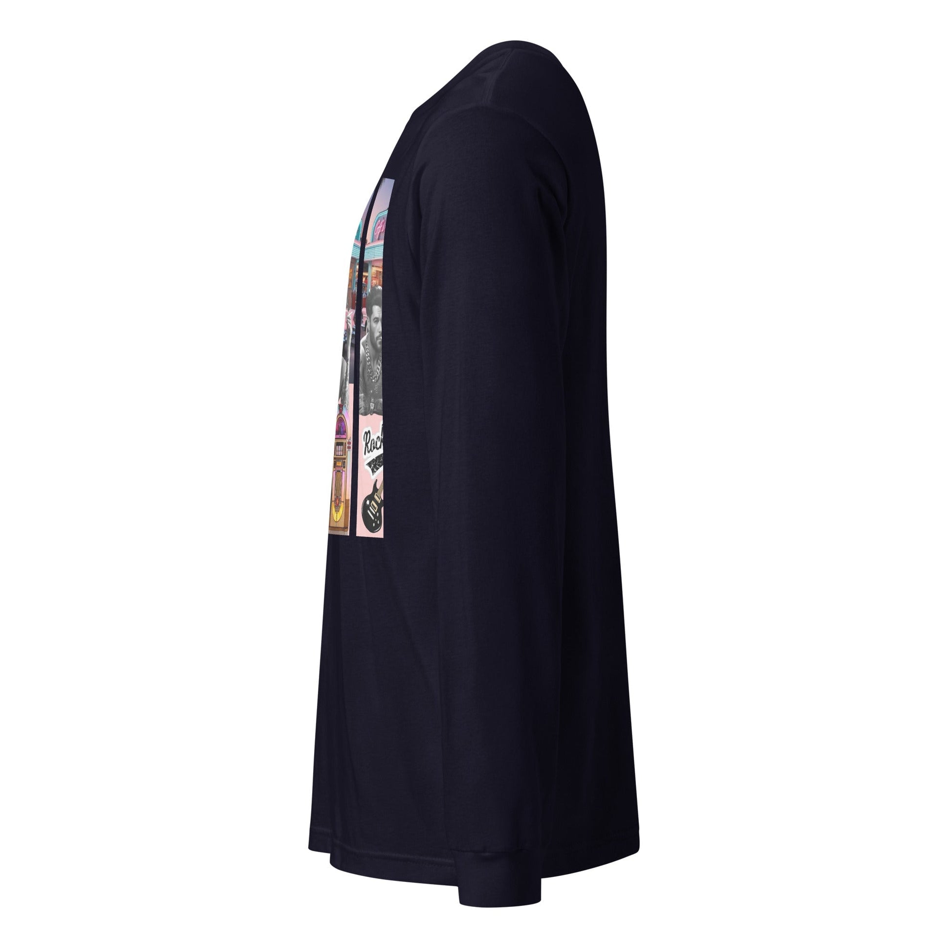 Retro Rock n Roll long sleeve tee in black, displaying vibrant retro graphics; versatile for casual or formal looks.
