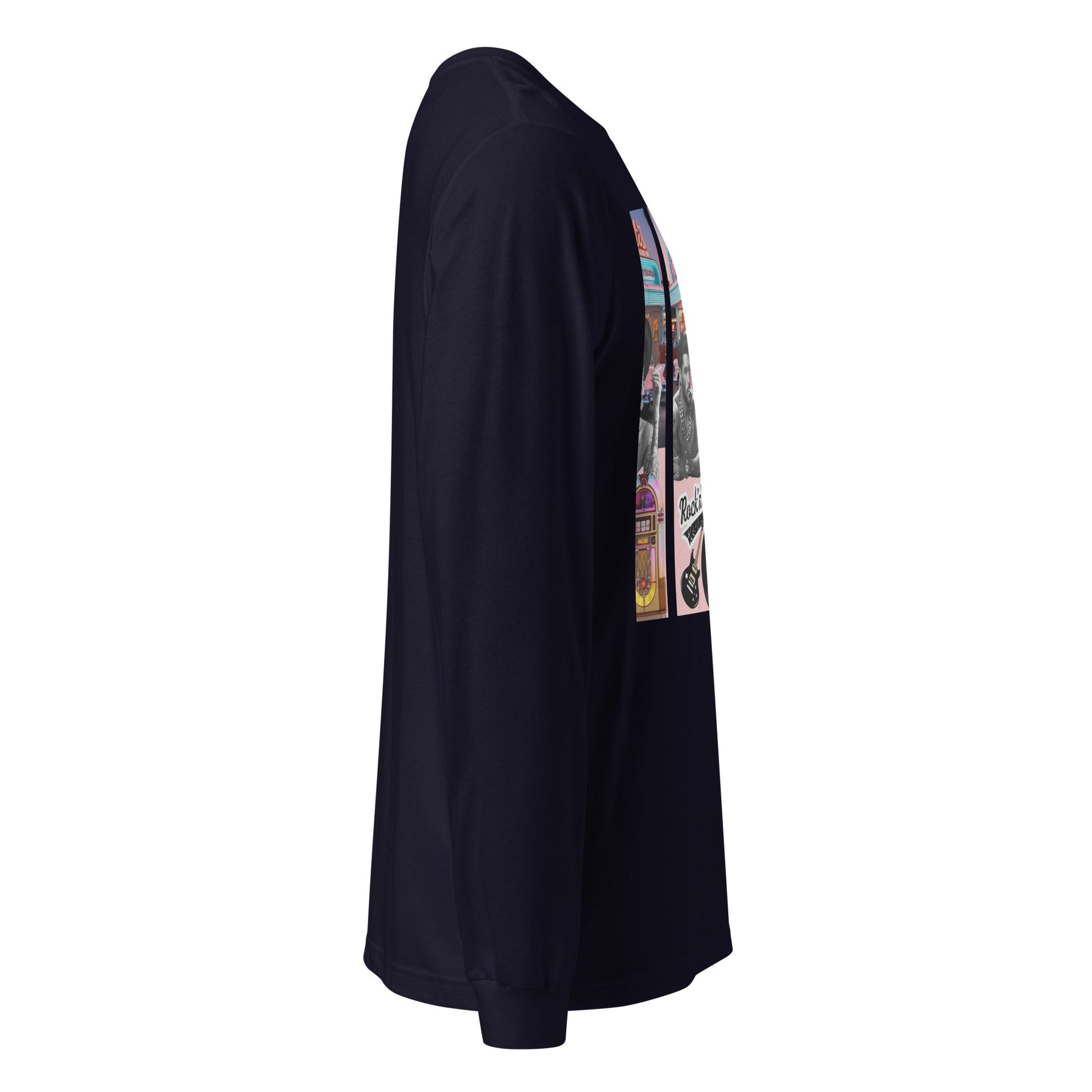 Retro Rock n Roll long sleeve tee in black with graphic design, side view.