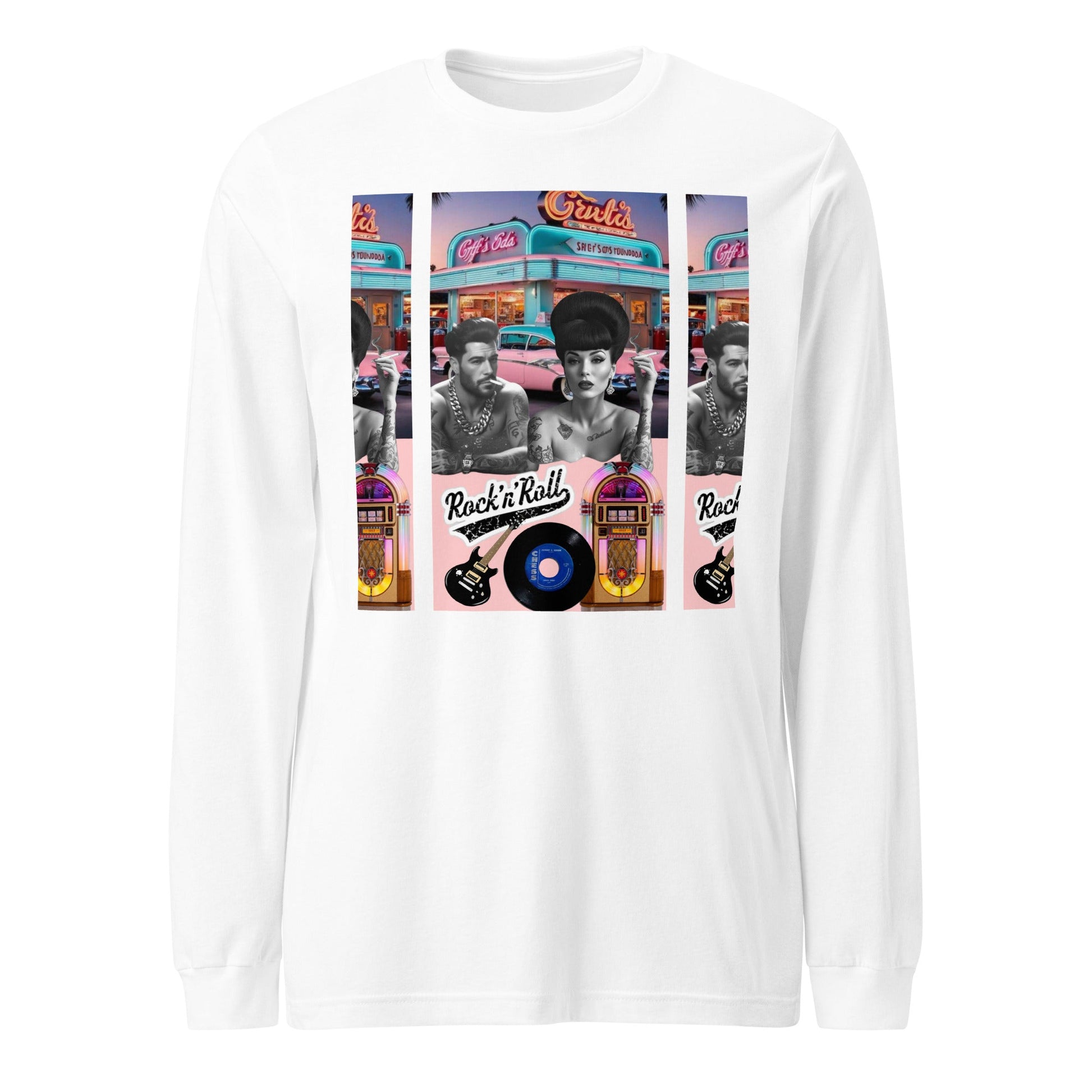 Retro Rock n Roll long sleeve tee featuring vintage design, 100% cotton, versatile styling options.