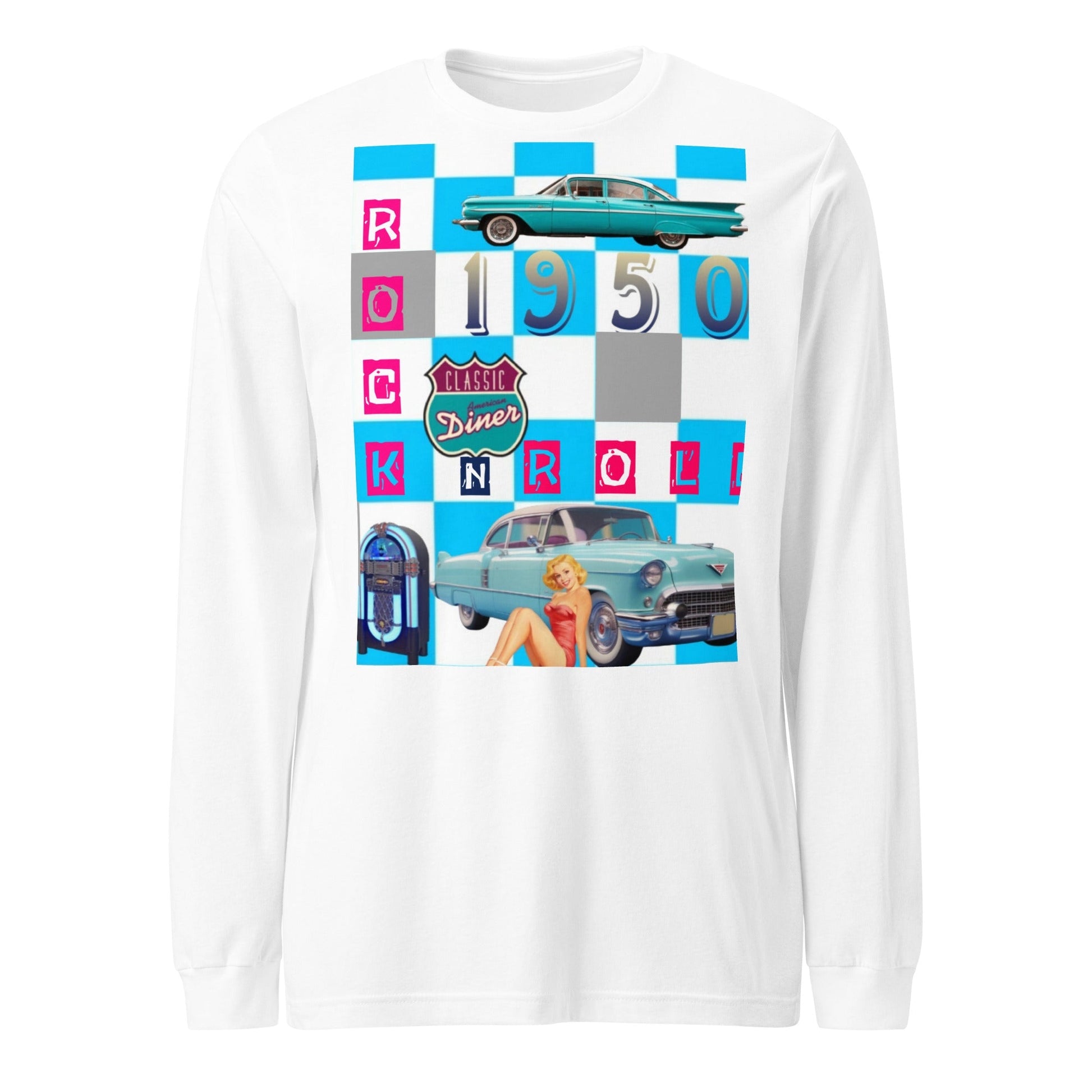 1950's Blue Check Unisex Long Sleeve Tee with Retro Design