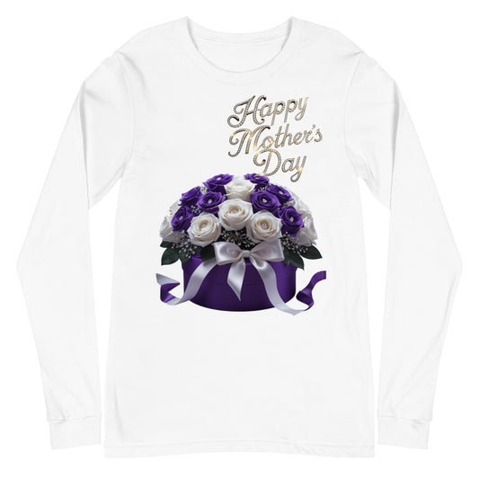 Mothers Day Unisex Long Sleeve Tee with floral design and "Happy Mother's Day" text.