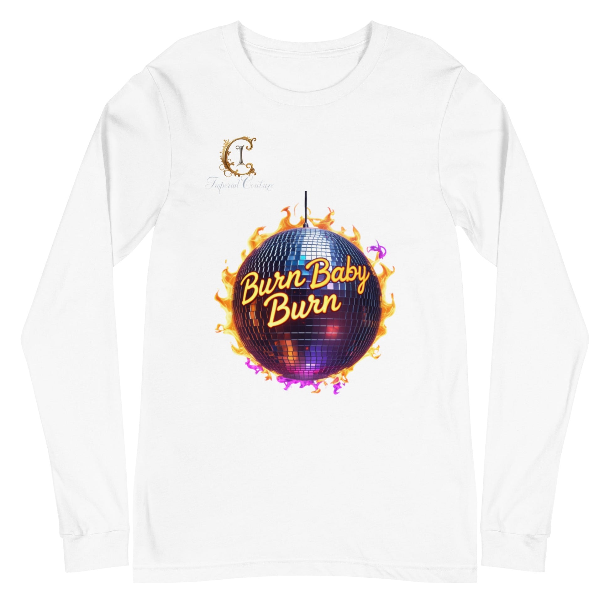 Unisex long sleeve tee with "Burn Baby Burn" design in vibrant colors, versatile wardrobe essential.