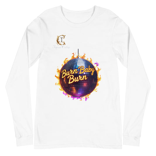 Unisex long sleeve tee with "Burn Baby Burn" design in vibrant colors, versatile wardrobe essential.