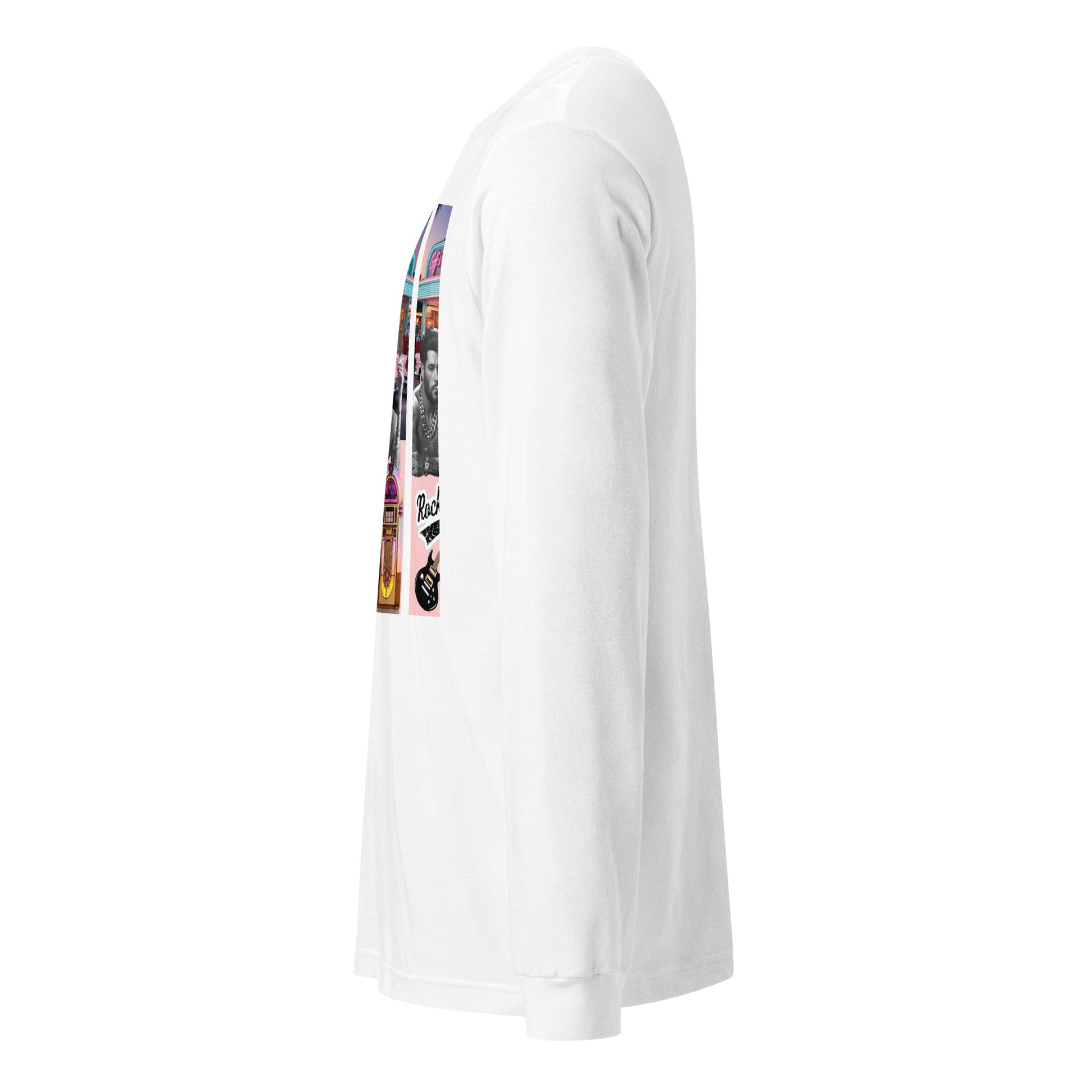 Retro Rock n Roll long sleeve tee, white, side view.
