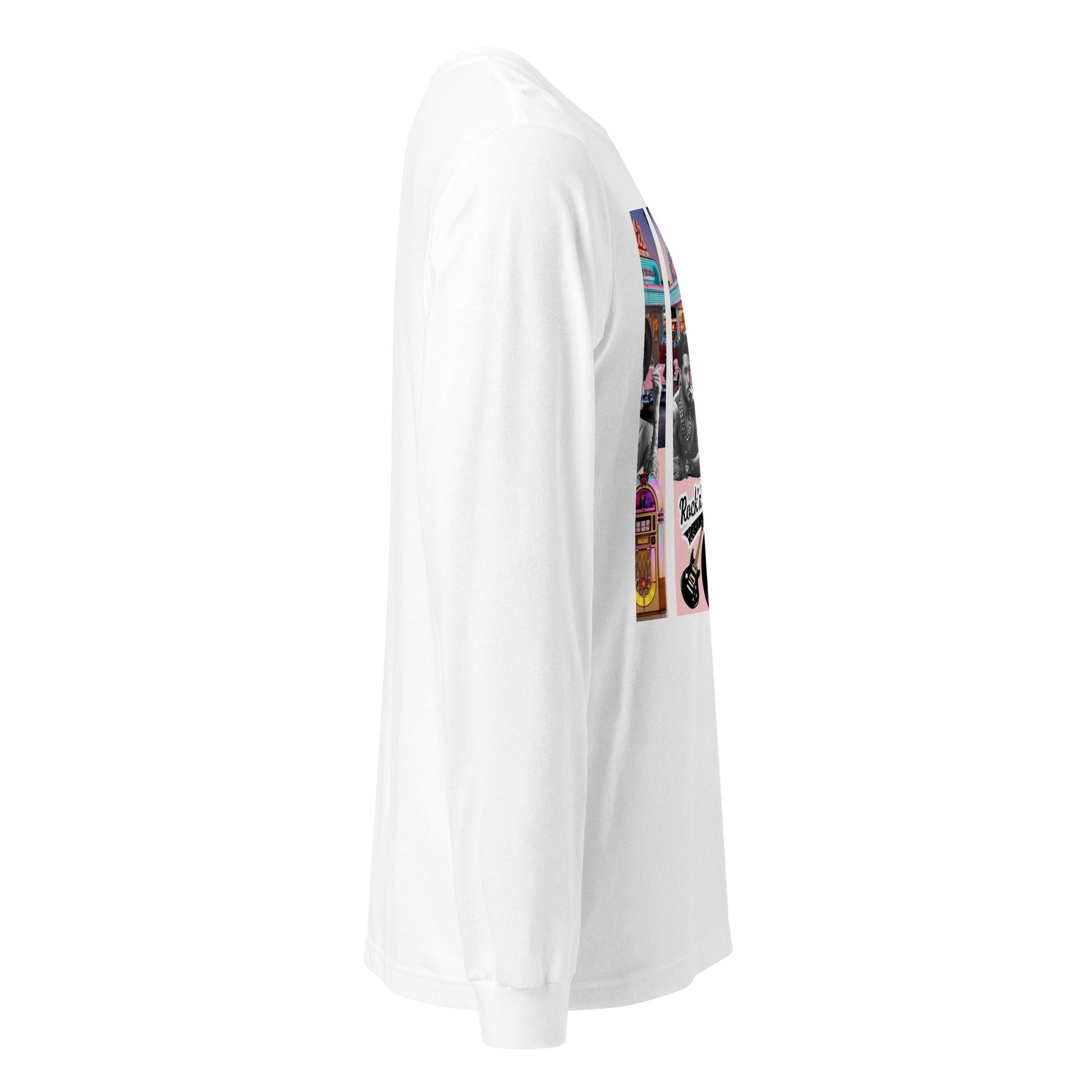 Retro Rock n Roll by JW white long sleeve tee with graphic design, side view.