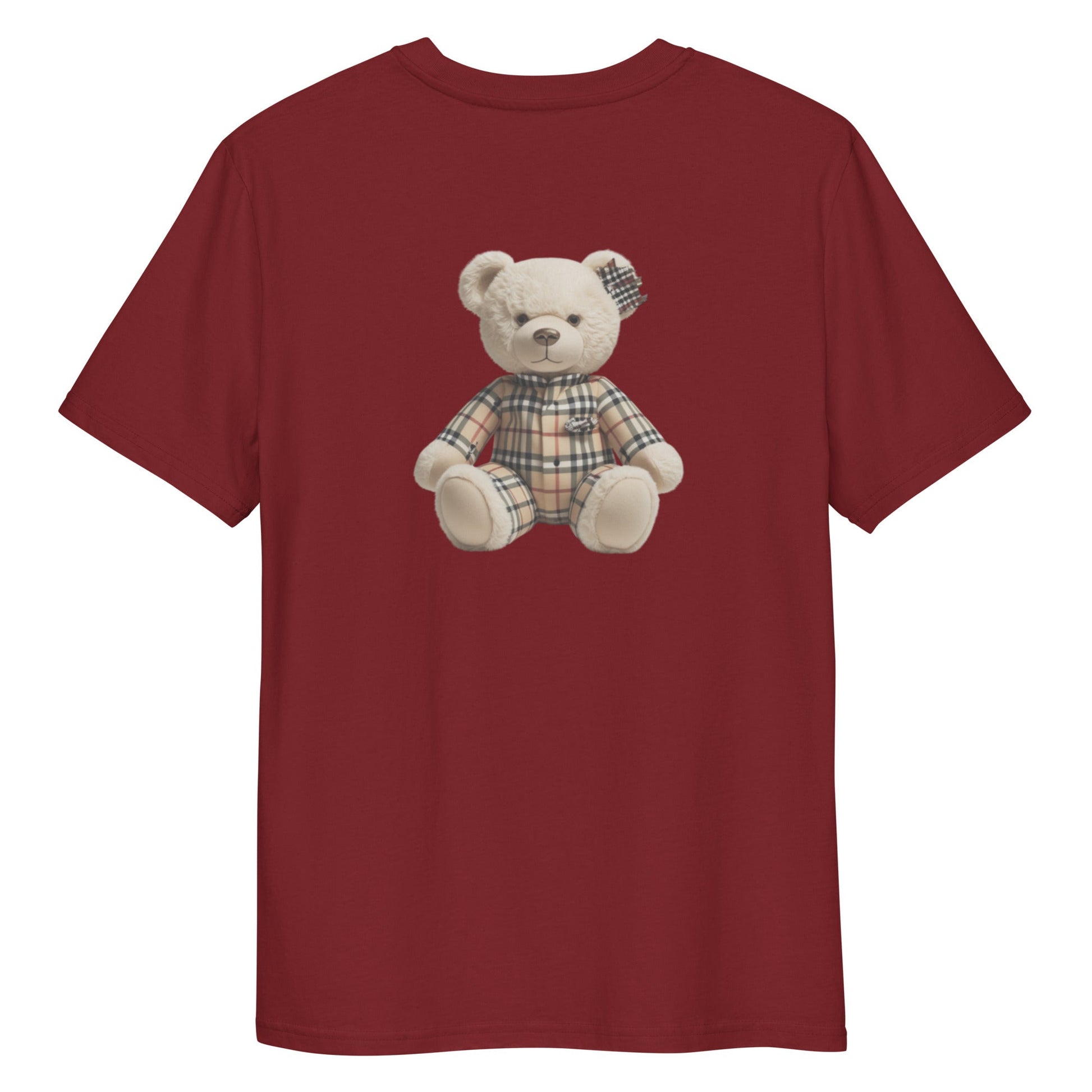 JW bear Unisex organic cotton t-shirt with bear print on red background.