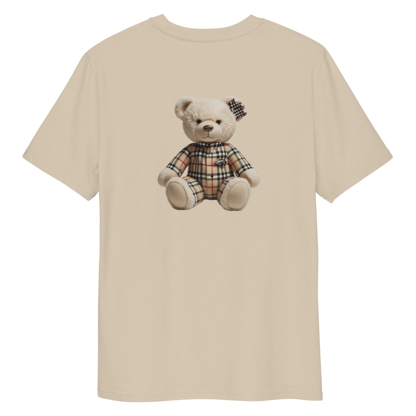 JW bear unisex organic cotton t-shirt with bear graphic on beige fabric.