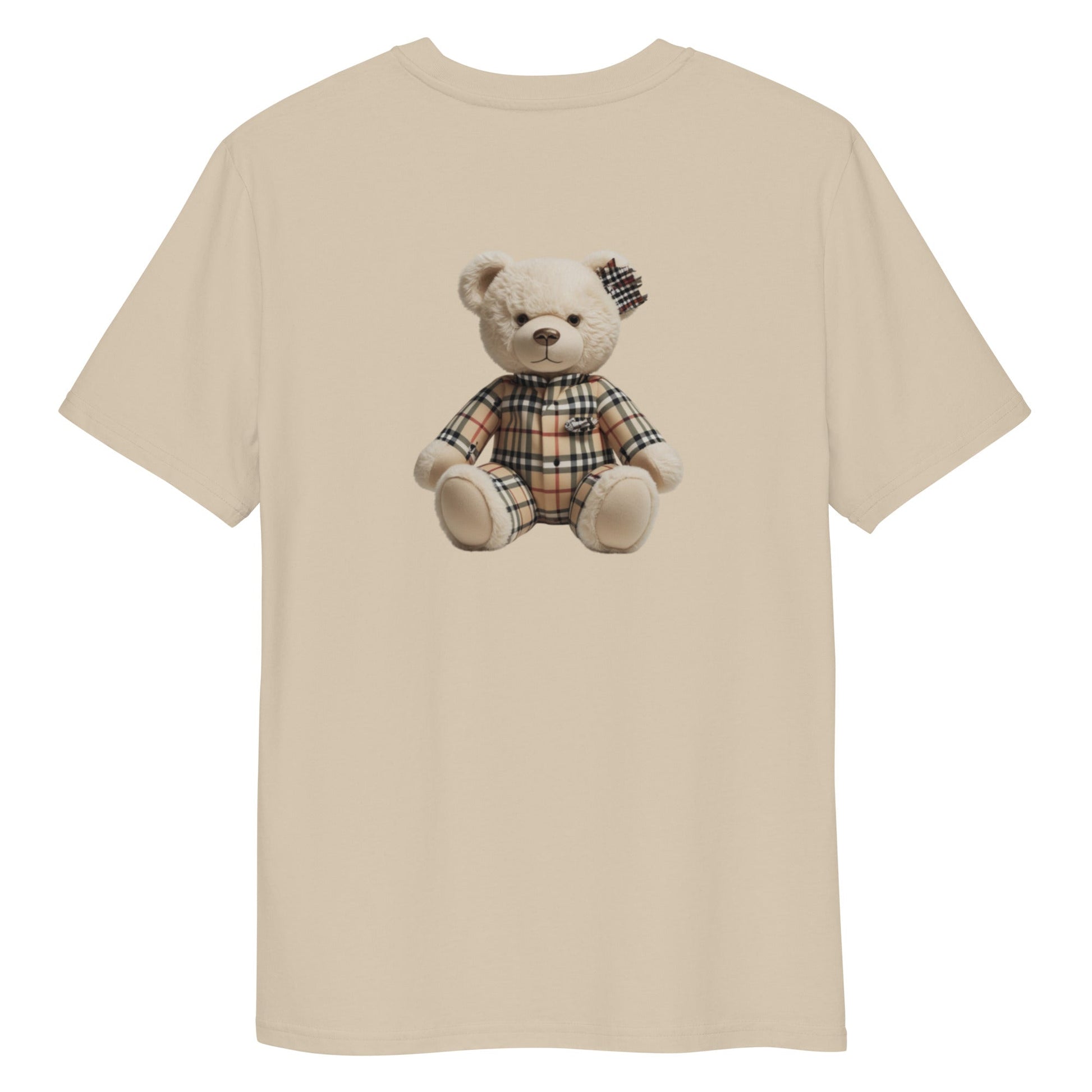JW bear unisex organic cotton t-shirt with bear graphic on beige fabric.