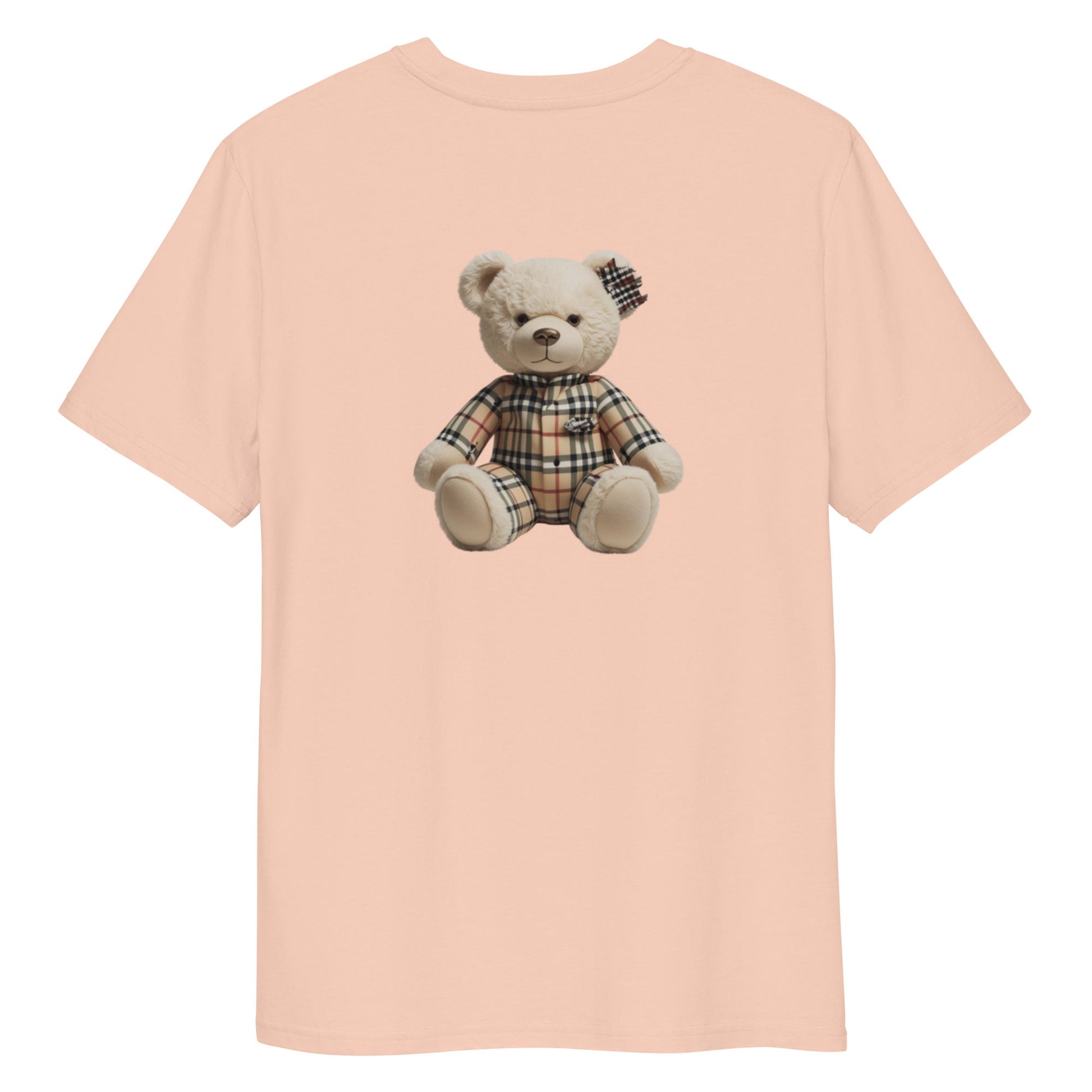 JW bear Unisex organic cotton t-shirt featuring a stuffed bear with plaid design on the back, eco-friendly and comfortable.