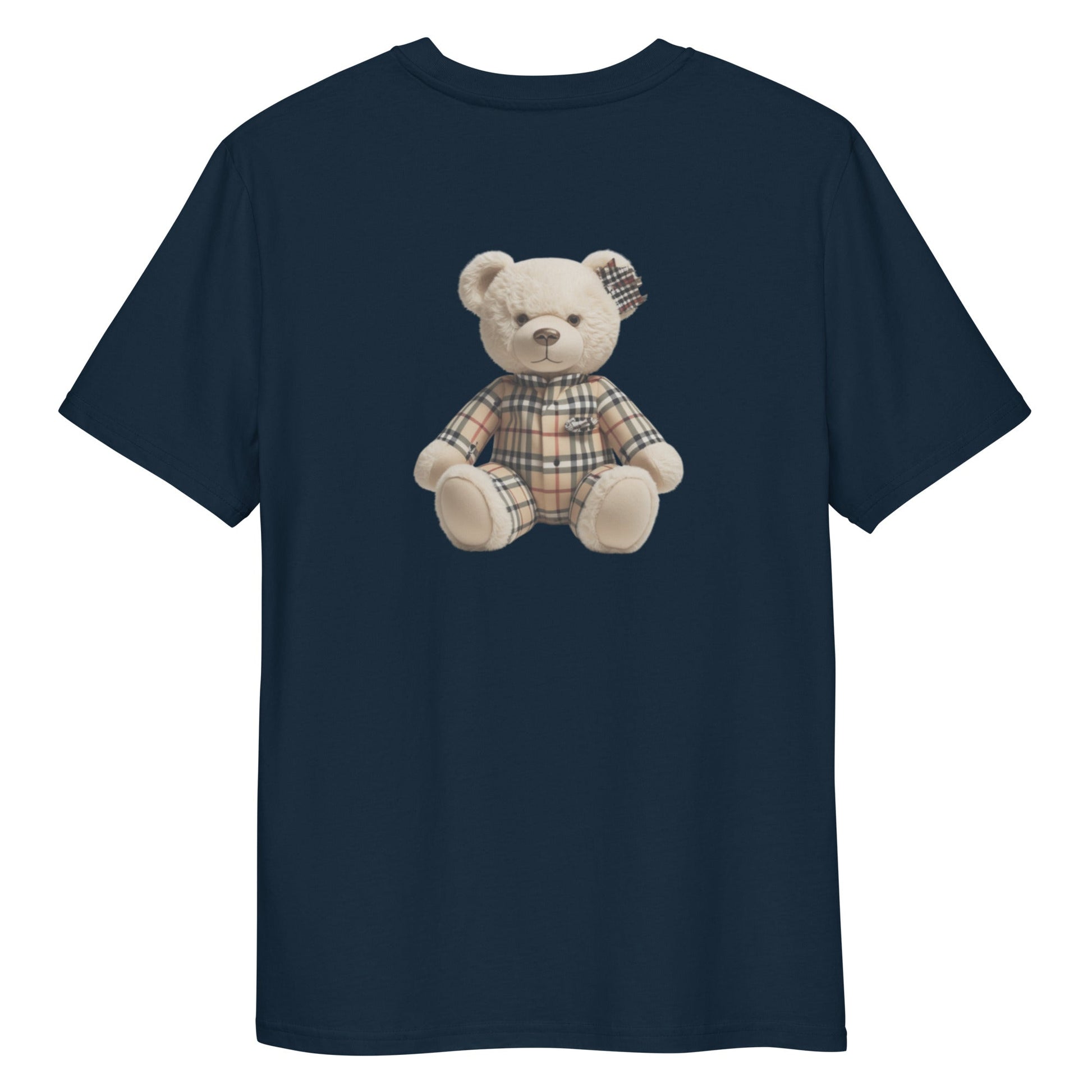 JW bear Unisex organic cotton t-shirt with teddy bear design on navy fabric