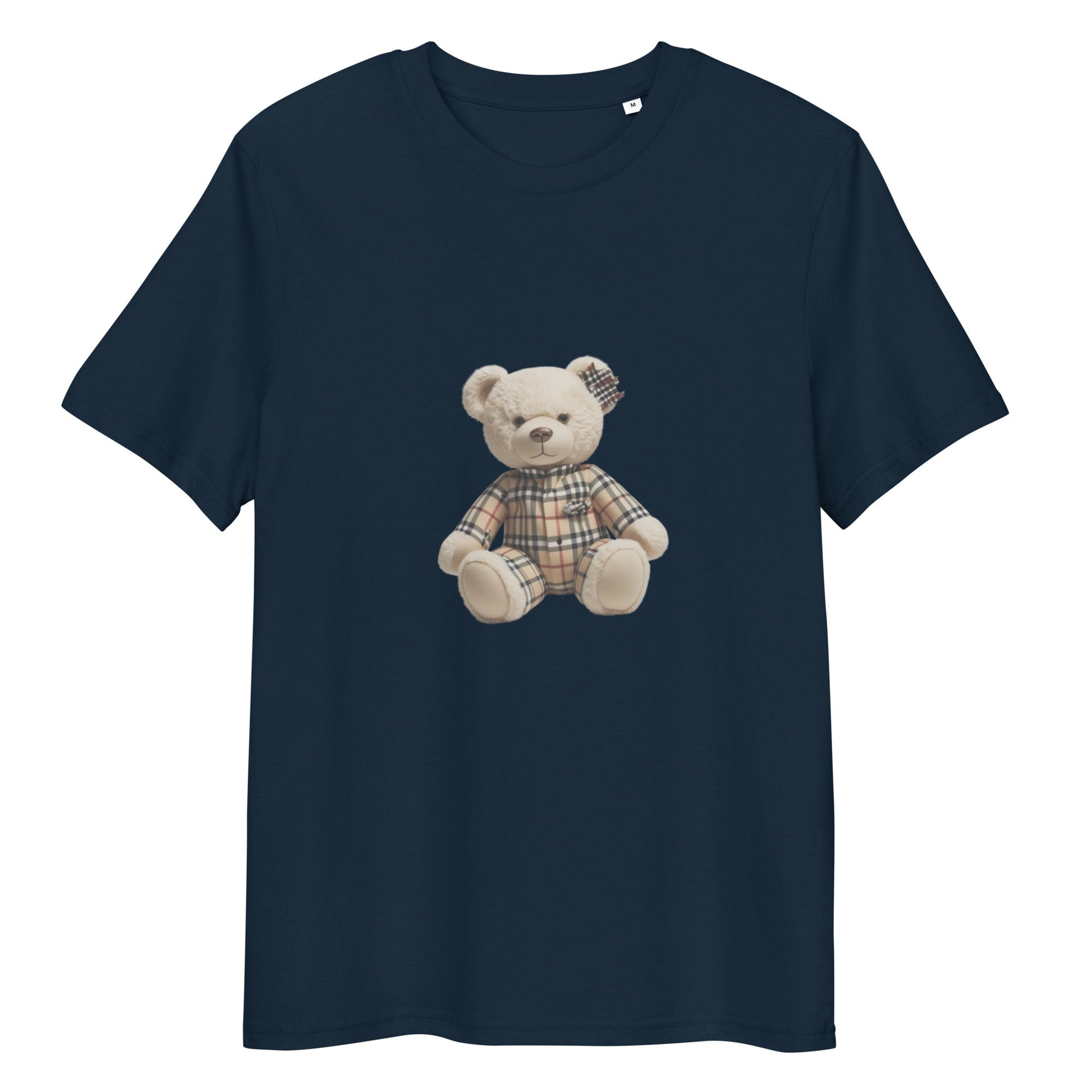 JW bear Unisex organic cotton t-shirt featuring a print of a plaid bear on navy fabric, eco-friendly and comfortable.