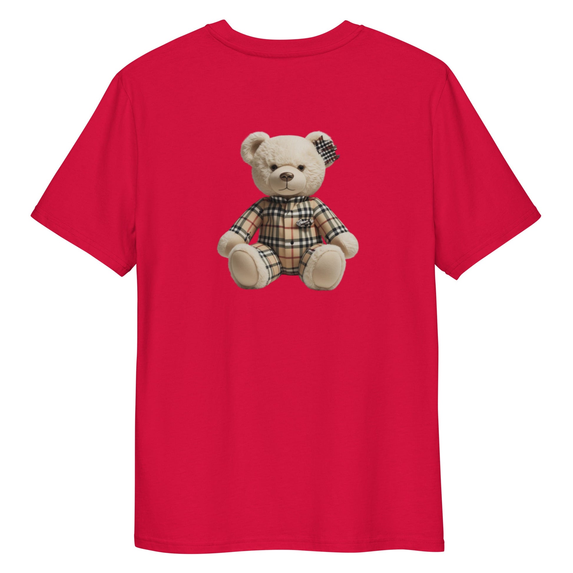 JW bear Unisex organic cotton t-shirt with bear graphic on red fabric.