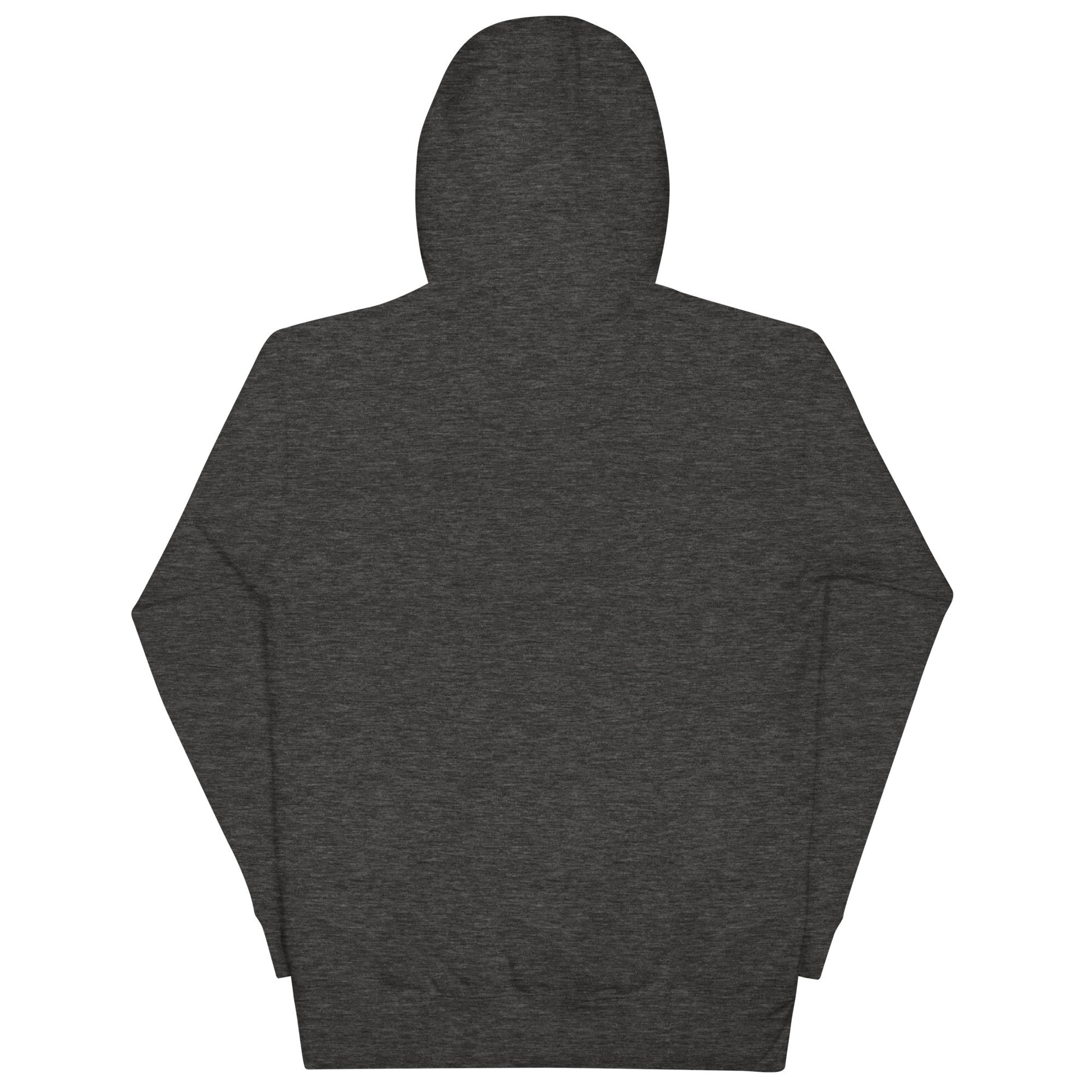Unisex hoodie in dark gray with a pouch pocket and hood, featuring a minimalist design, made from cotton and polyester blend.