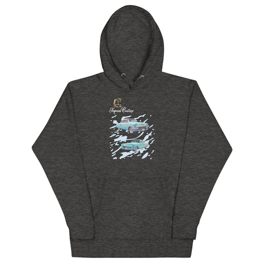 Unisex hoodie with front pouch pocket, flat drawstrings, and a stylish design, made from cotton and polyester.