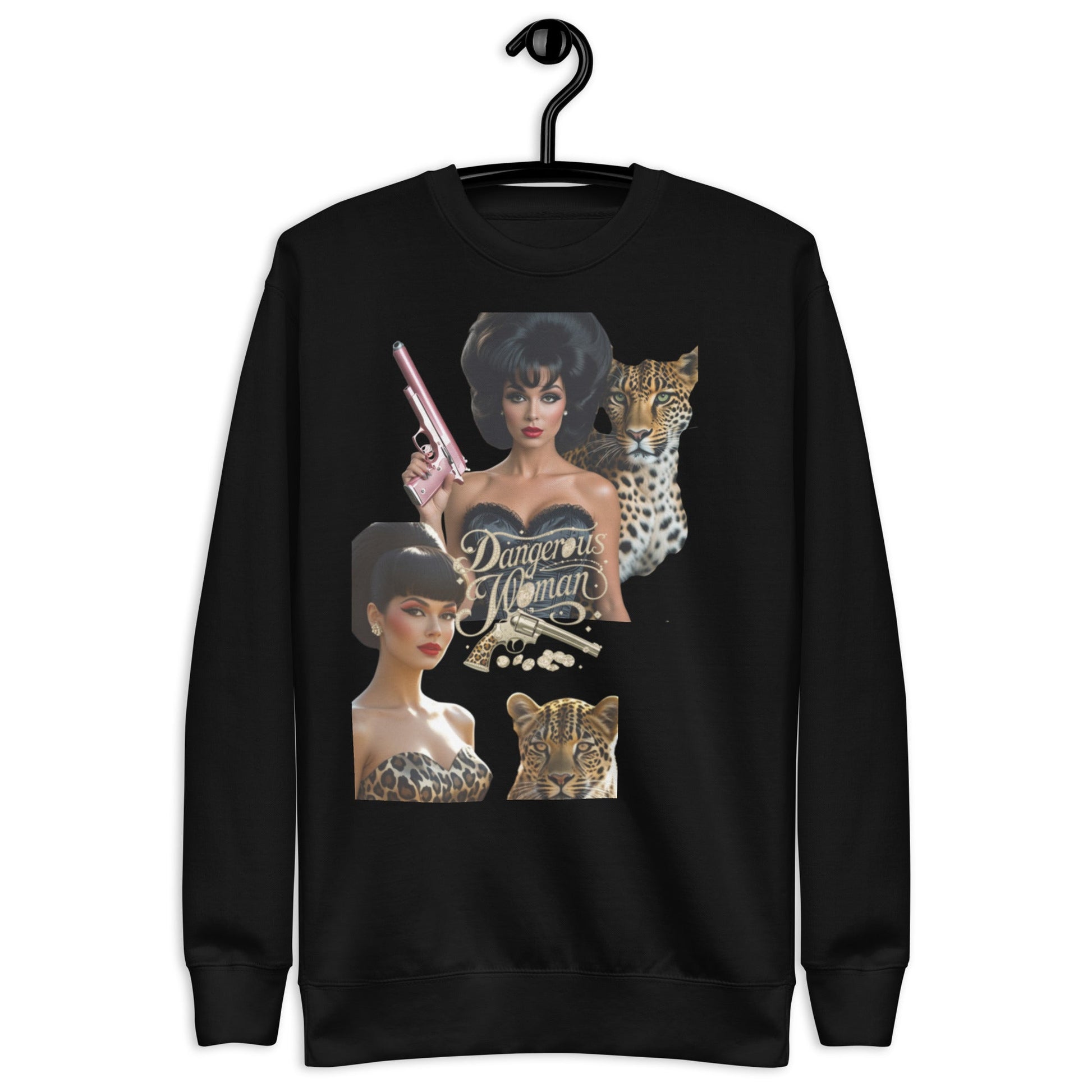 Unisex premium sweatshirt with edgy "Dangerous Woman" graphic, featuring diverse images and a black background.