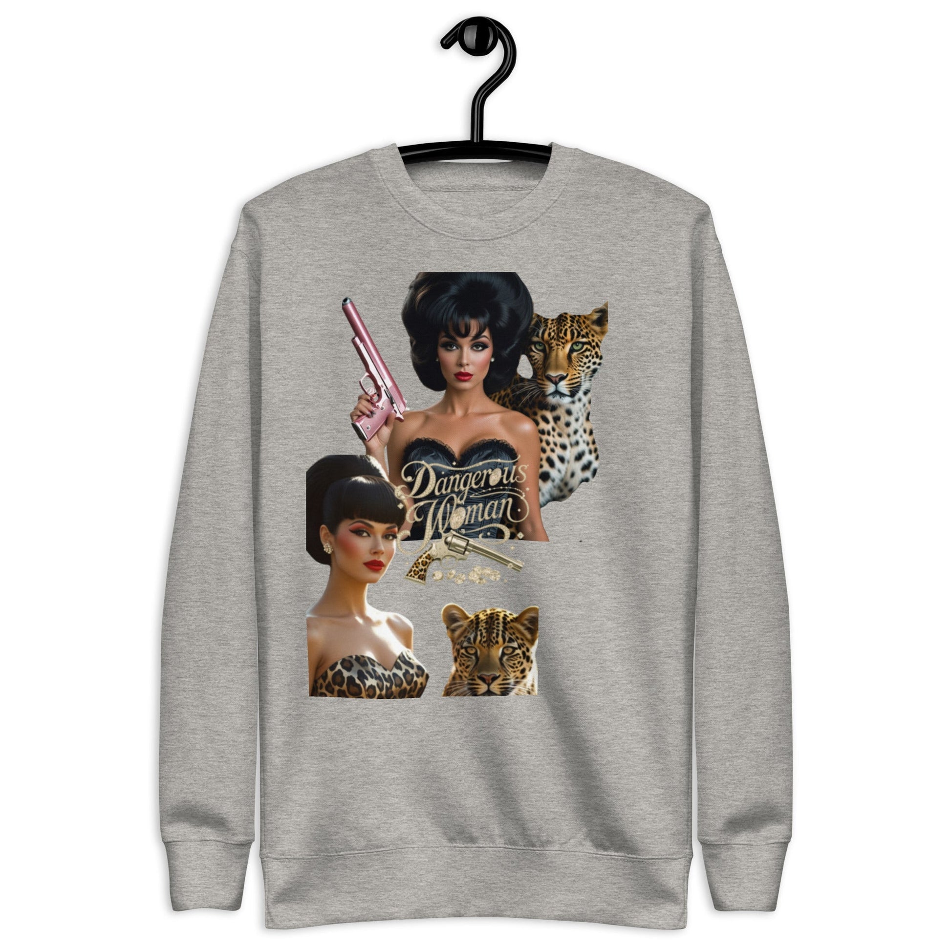 Unisex premium sweatshirt with retro graphic design featuring a woman and leopard, soft fleece interior, ribbed cuffs, and flat hem in charcoal heather.