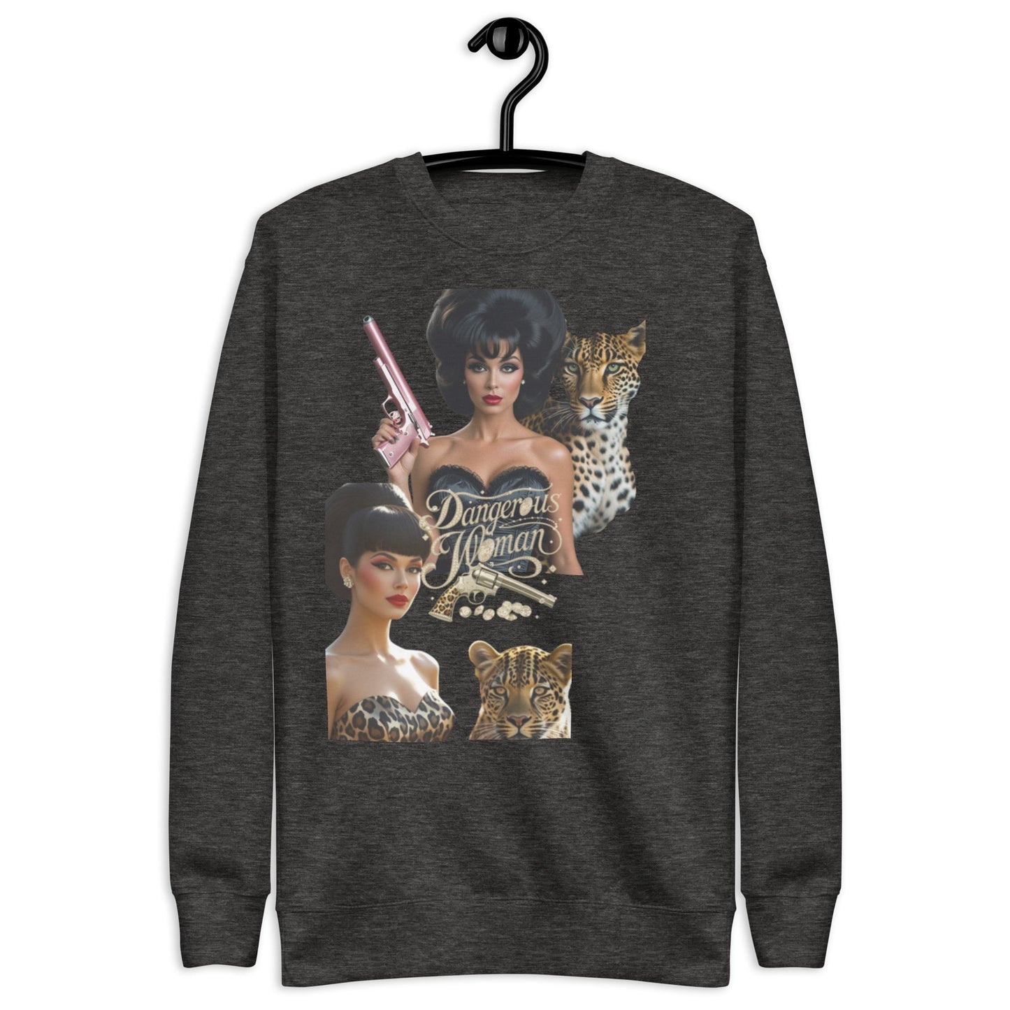 Unisex premium sweatshirt with classic ribbed design, featuring graphic artwork of elegant figures and leopards, ideal for contemporary streetwear.