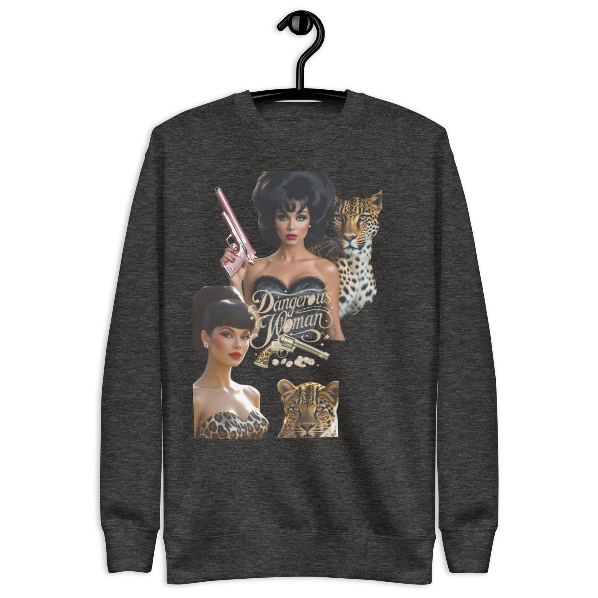Unisex premium sweatshirt with classic ribbed design, featuring graphic artwork of elegant figures and leopards, ideal for contemporary streetwear.