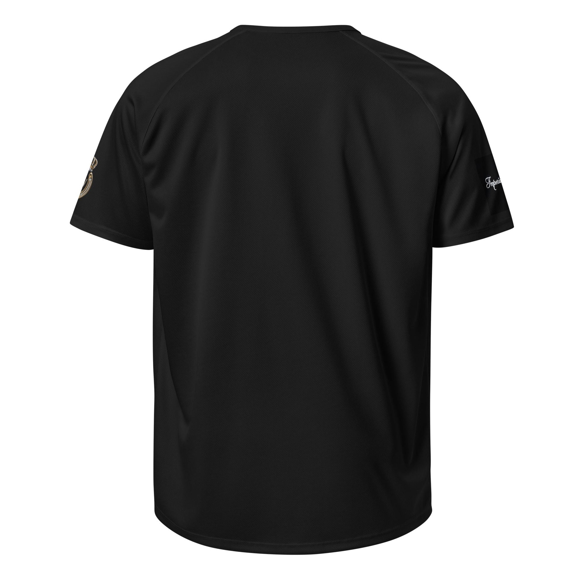 Imperial Couture Unisex sports jersey, black mesh, breathable polyester, relaxed fit, round neckline, short raglan sleeves.