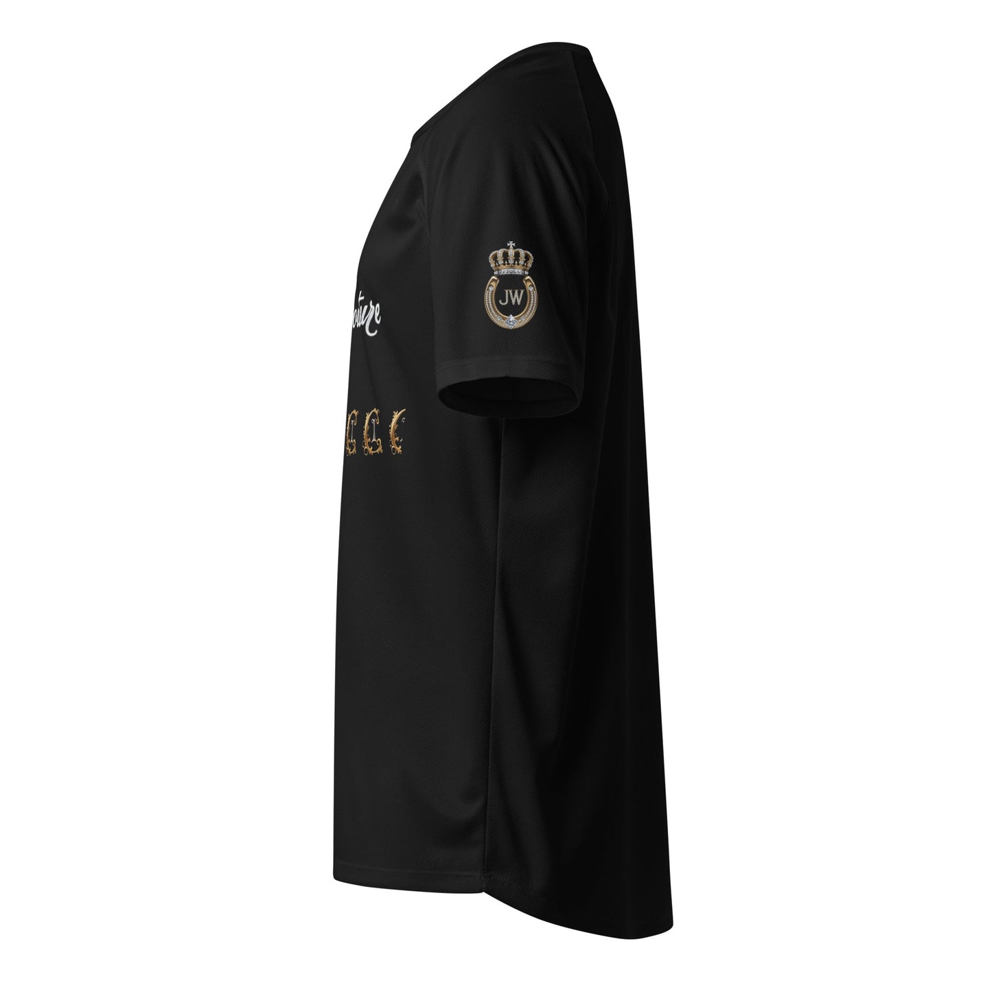 Imperial Couture Unisex sports jersey in black, featuring breathable polyester mesh, relaxed fit, round neckline, short raglan sleeves, and durable collar binding.