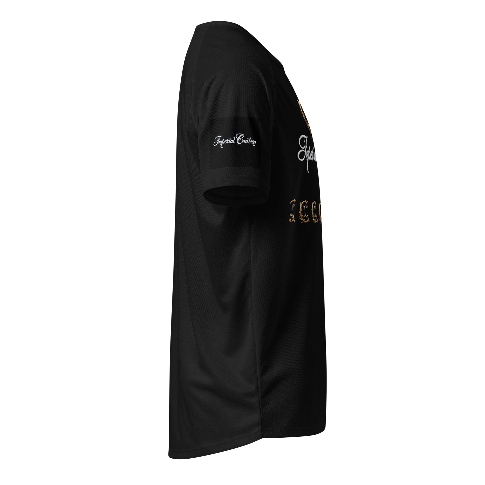 Imperial Couture Unisex sports jersey in black polyester mesh with short raglan sleeves and round neckline.