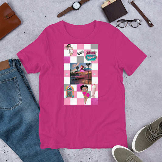 1950's pink unisex t-shirt with retro graphic design, soft lightweight cotton.