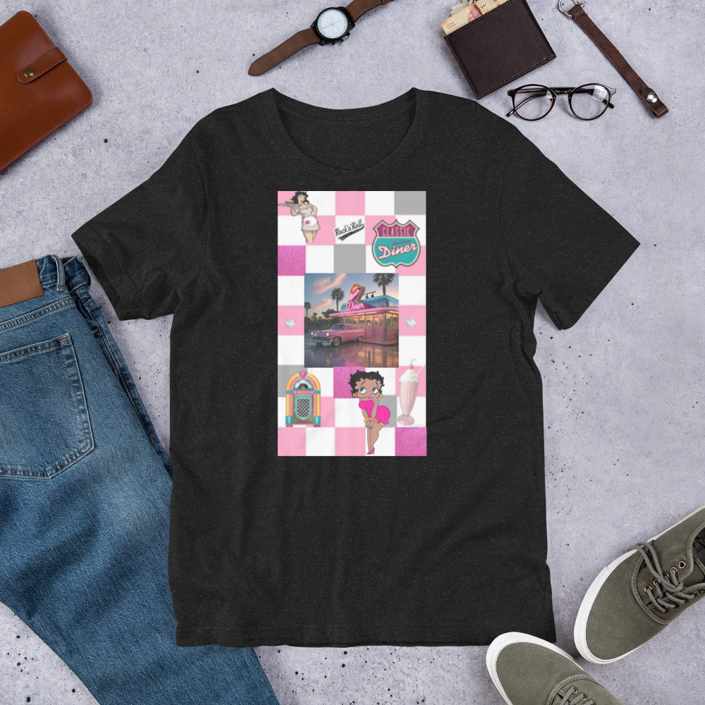 1950s-inspired pink unisex t-shirt with retro diner graphic design, soft and lightweight.