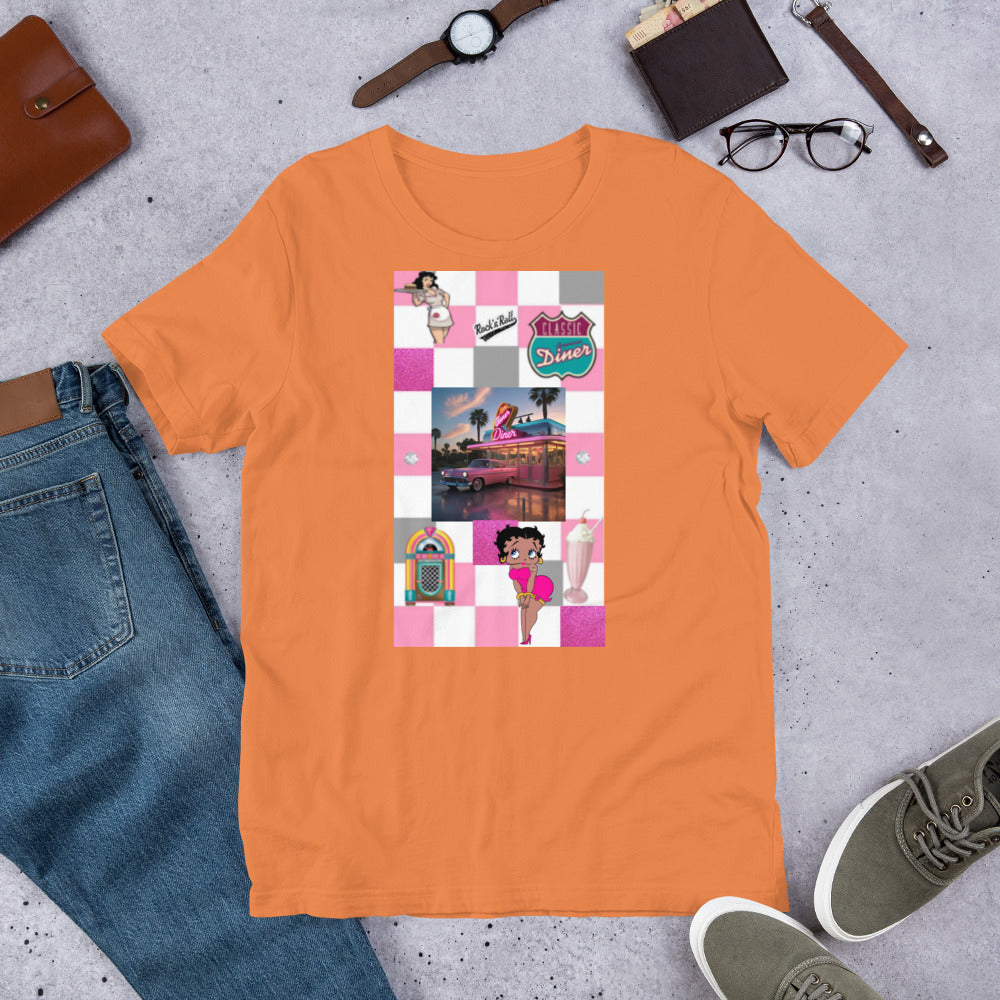 1950's pink unisex t-shirt displayed on flatlay with accessories, featuring soft and lightweight fabric for comfort and style.