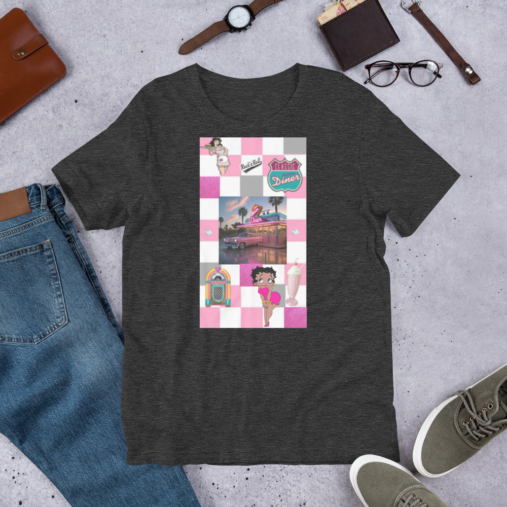 1950's pink unisex t-shirt with vintage diner graphic, soft cotton fabric.