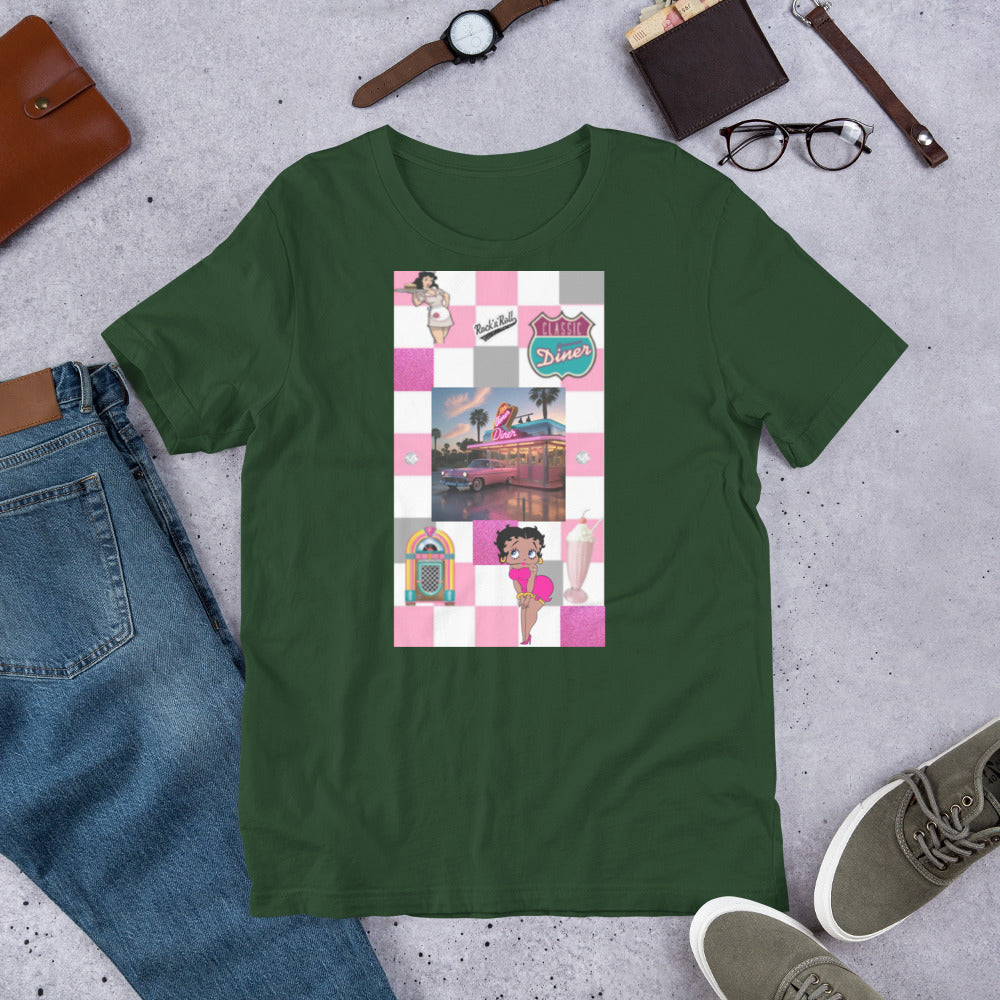 1950s pink unisex t-shirt, soft lightweight cotton, retro design, comfortable fit.