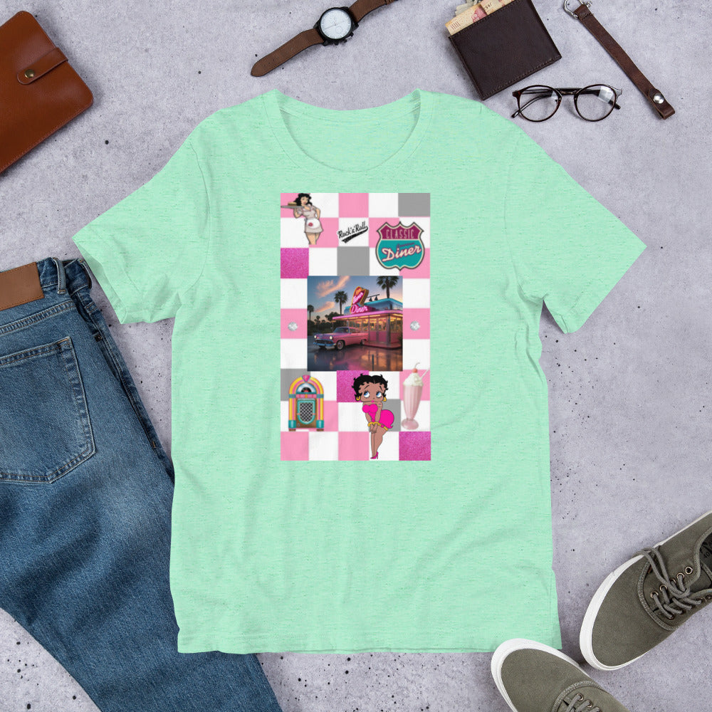 1950's pink unisex t-shirt with retro graphics, soft lightweight cotton, side-seamed, available on demand.