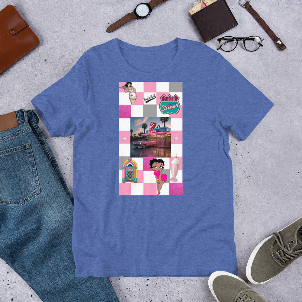 1950s-themed pink unisex t-shirt with retro illustrations, soft and lightweight fabric.