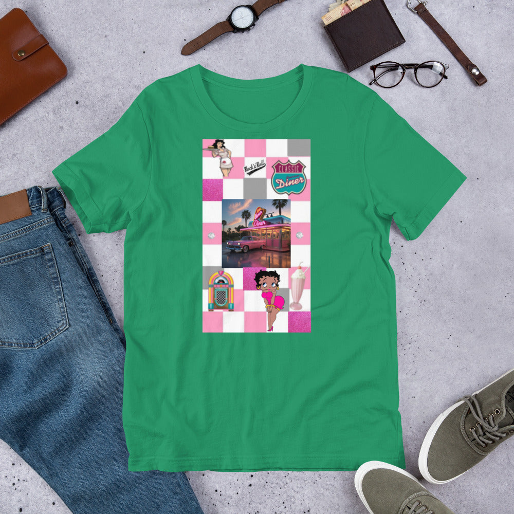 1950's-inspired pink unisex t-shirt, soft and lightweight with stretch, pre-shrunk cotton.