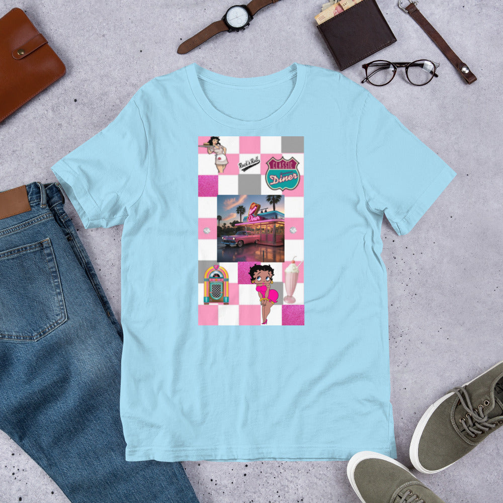 1950's pink unisex t-shirt with soft, lightweight fabric, flattering fit, and retro design.