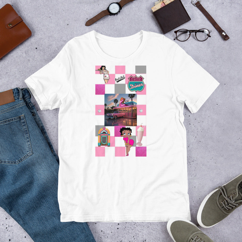 Pink unisex t-shirt with 1950s retro design, soft lightweight fabric, side-seamed construction.