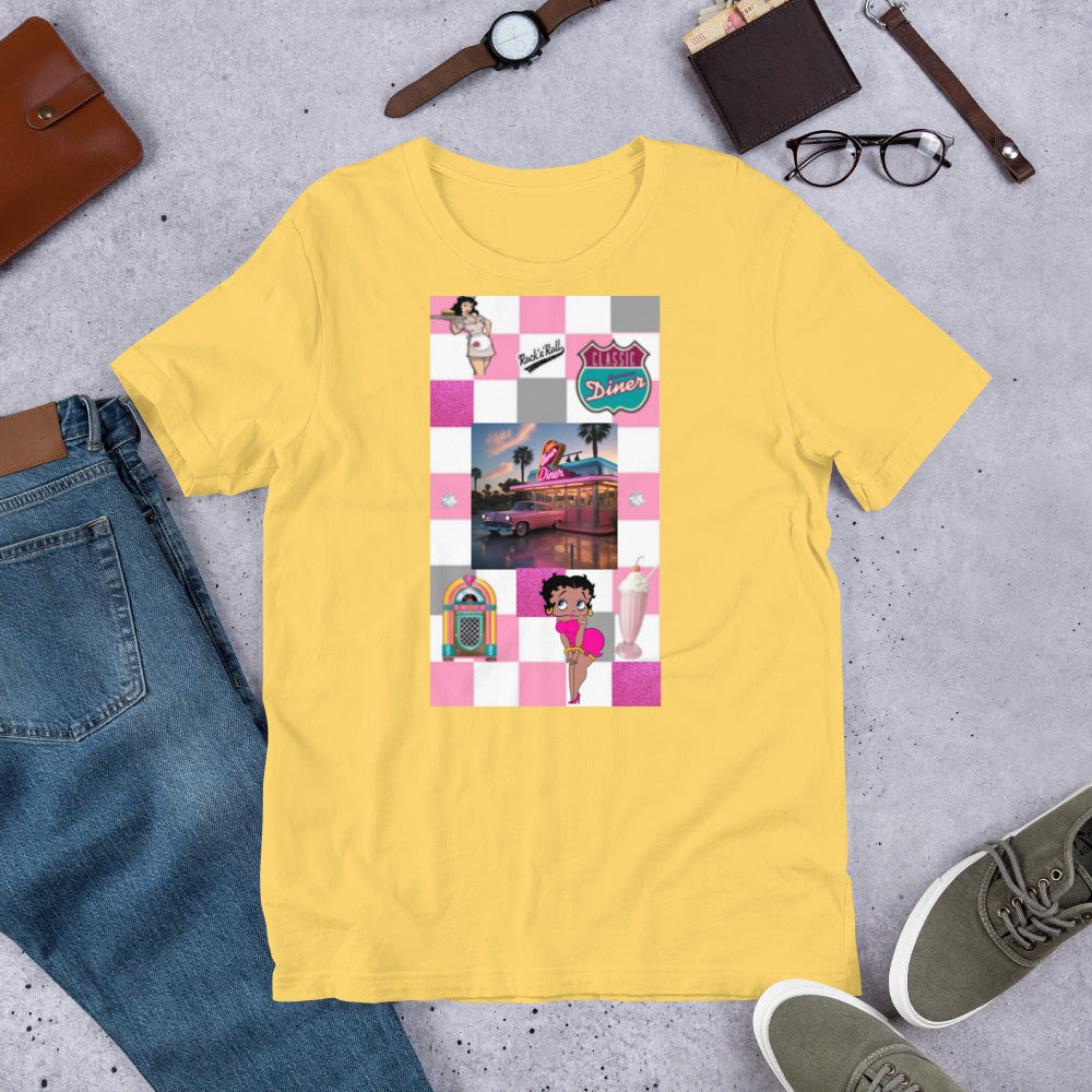 1950s pink unisex t-shirt with retro design, soft and lightweight fabric.
