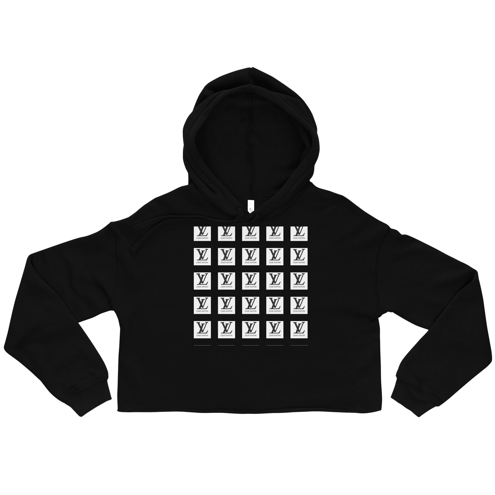 Black crop hoodie with raw hem and drawstrings, featuring a front grid design.