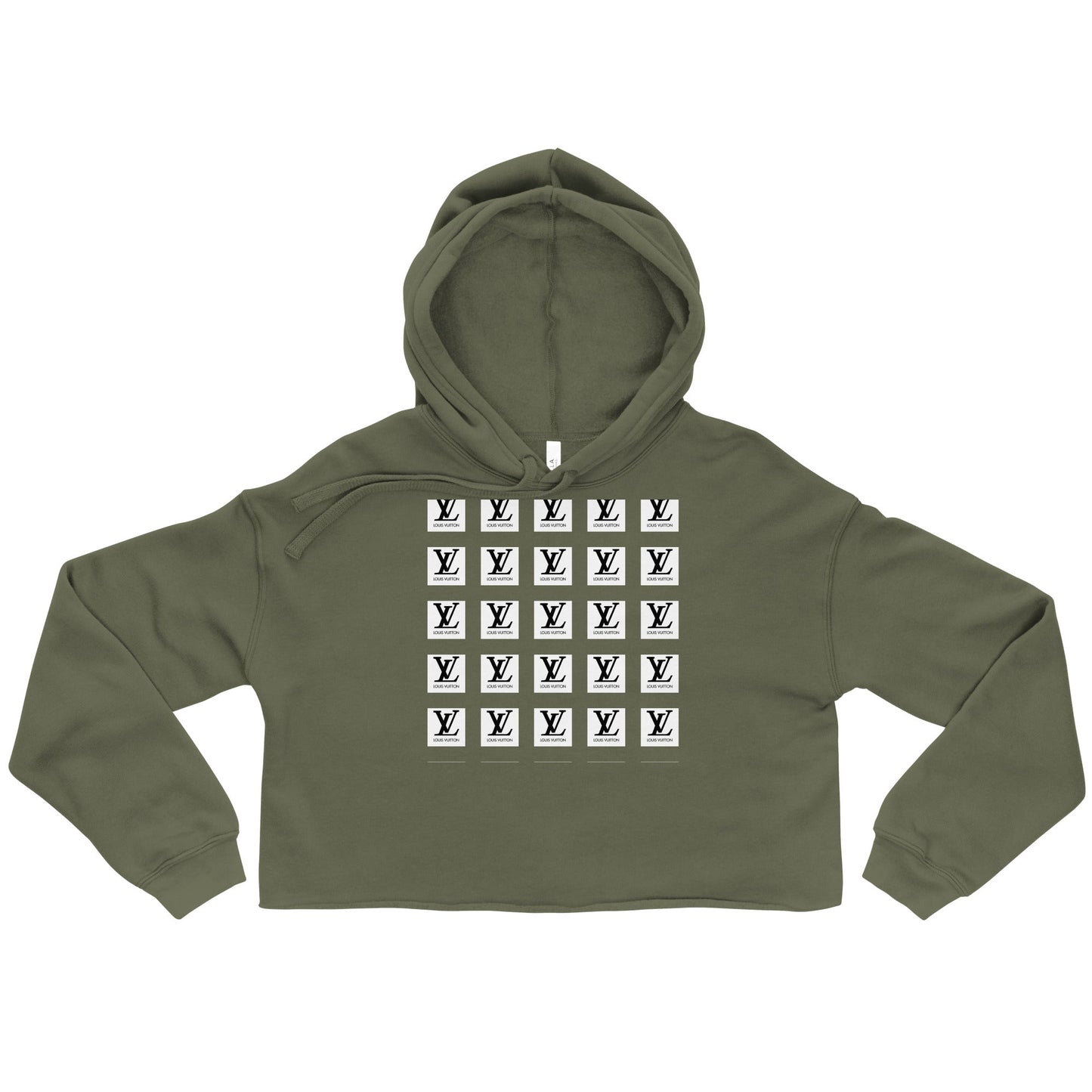 Trendy crop hoodie with raw hem and drawstrings.