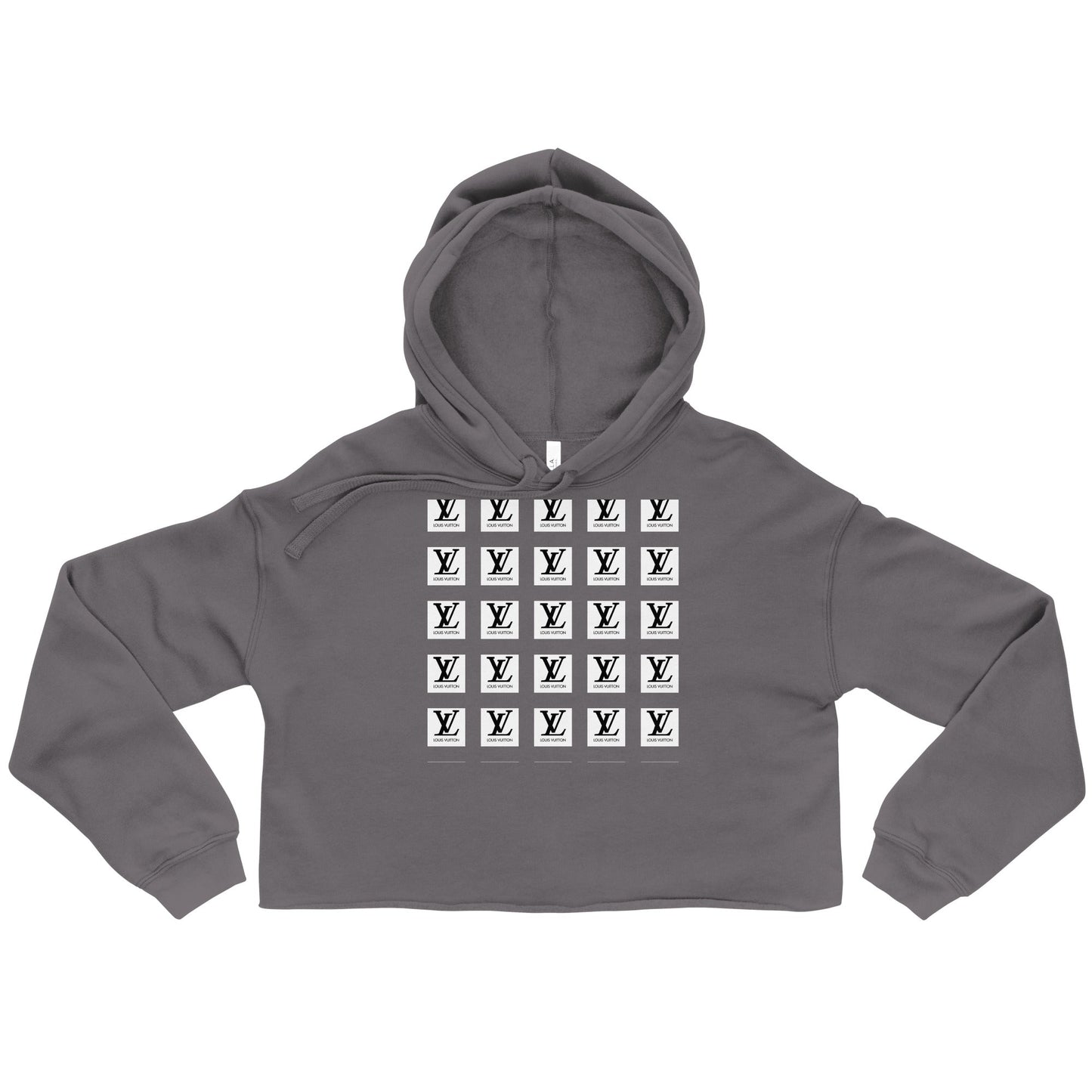 Trendy crop hoodie with raw hem and matching drawstrings.