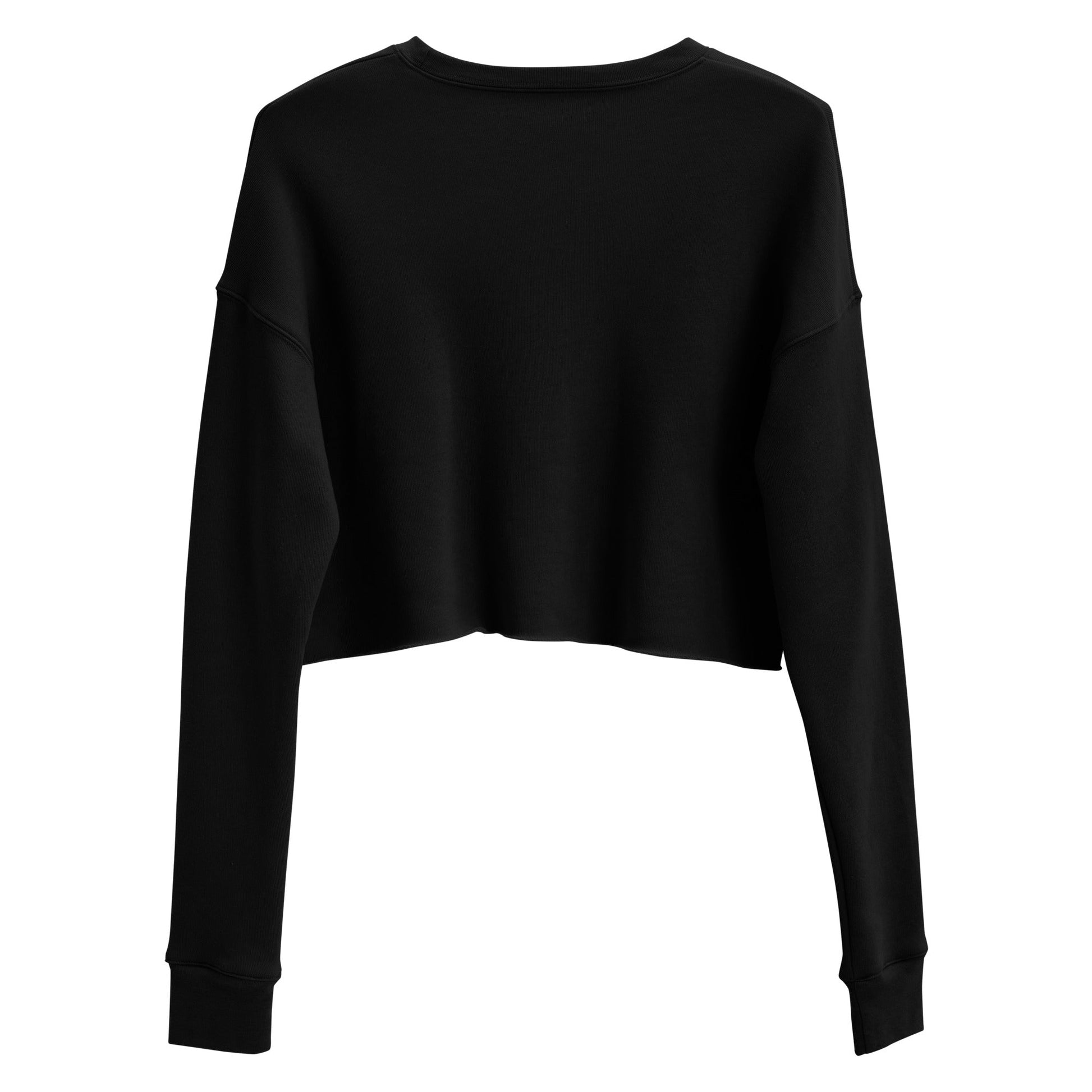 Black fleece crop sweatshirt with ribbed neckline and raw hem.