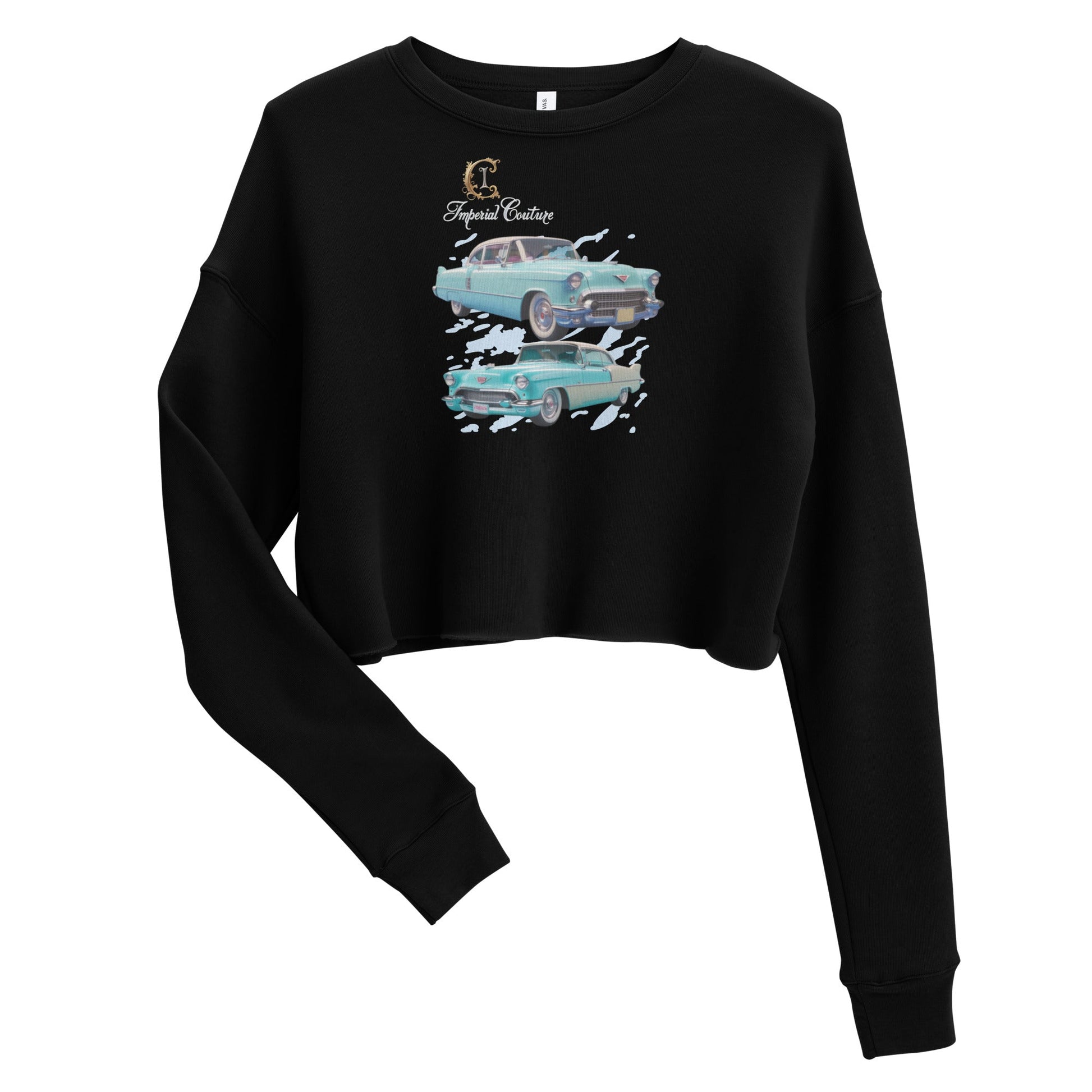 Crop sweatshirt with ribbed neckline, raw hem, and trendy car design.