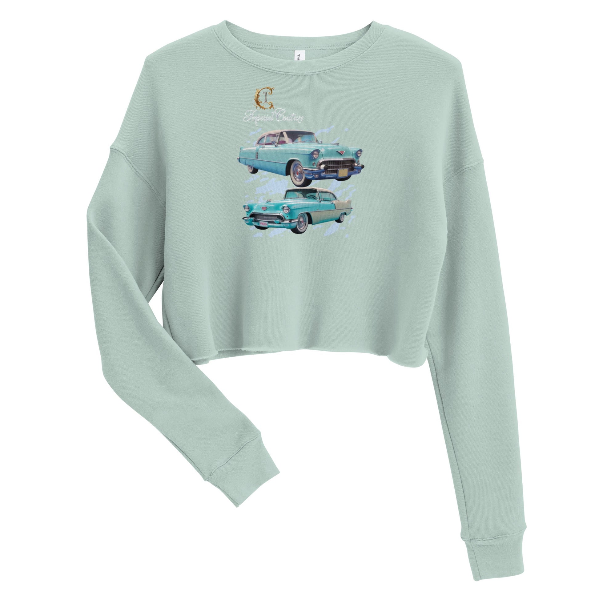 Crop sweatshirt with vintage car design, ribbed neckline, and raw hem in soft green fabric.