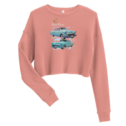 Crop sweatshirt with vintage car graphic, ribbed neckline, and raw hem in soft fleece fabric.