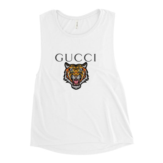 Ladies’ Muscle Tank with tiger graphic and low cut armholes.
