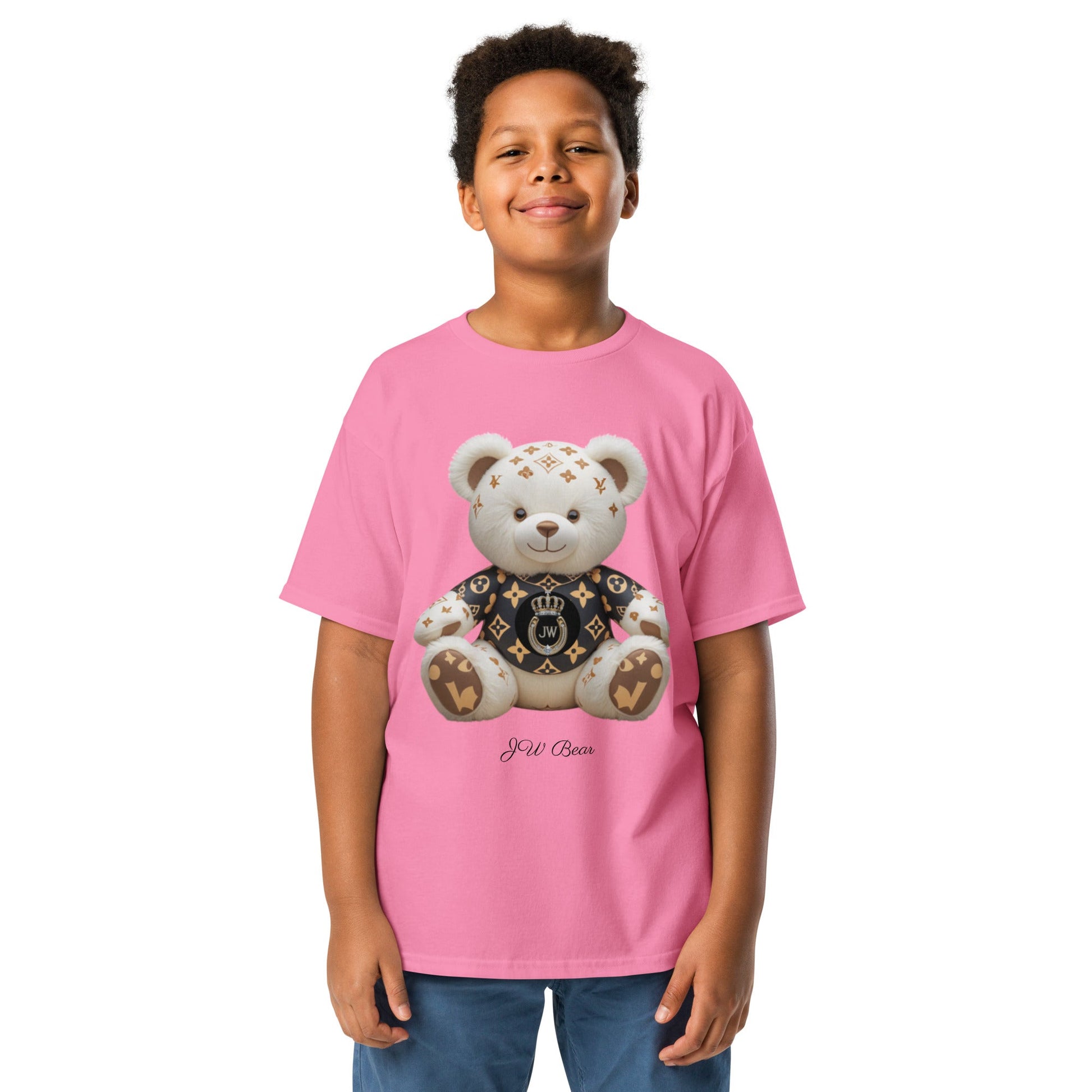 JW bear Youth classic tee in pink, featuring a cute bear graphic on the front.