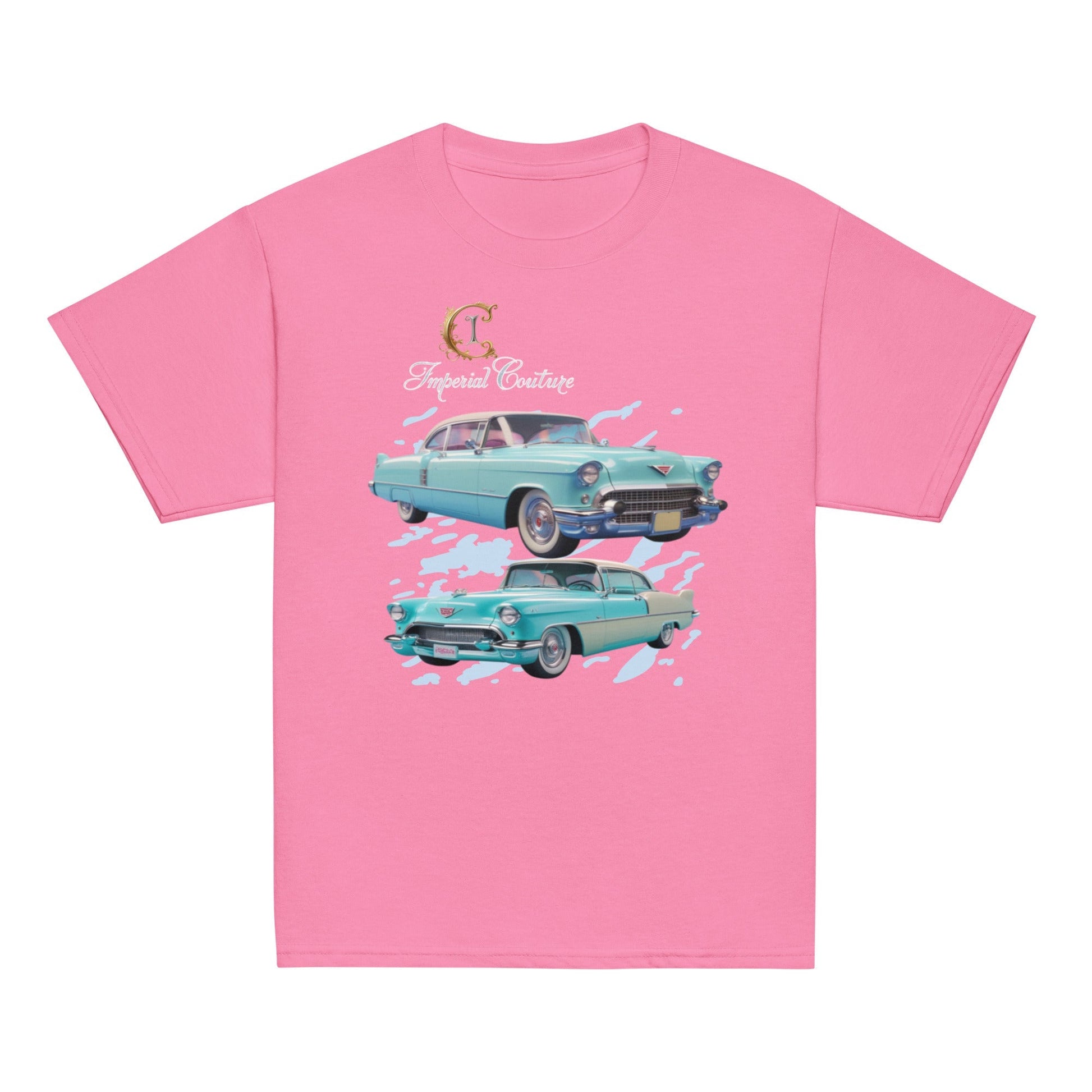 Pink youth classic tee with vintage car design and "Tropical Coasters" text, made from 100% cotton.