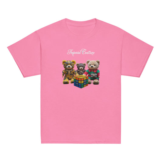 Youth classic tee in pink with teddy bear design featuring vibrant colors and classic fit.