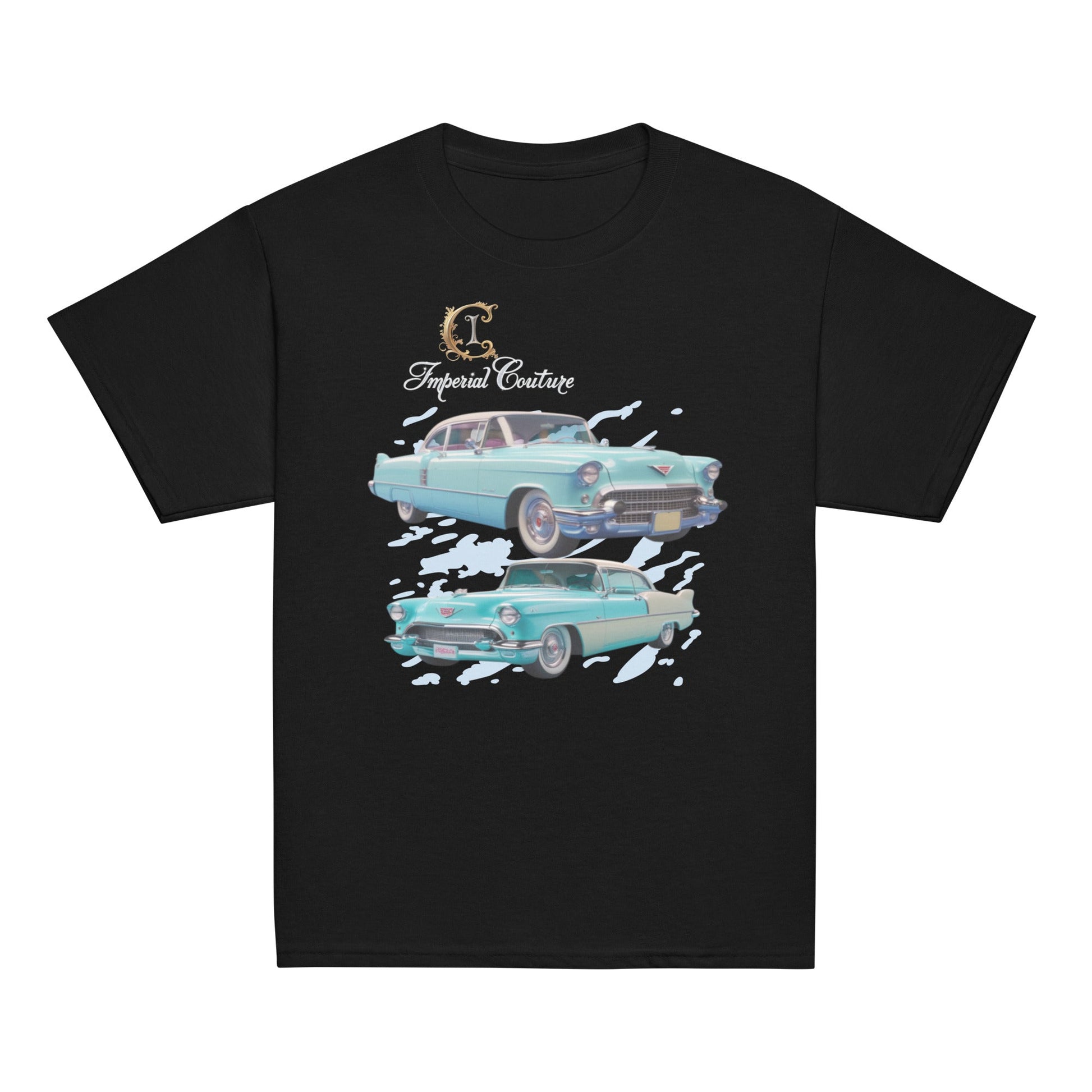 Youth classic tee featuring a vintage car design on black fabric.