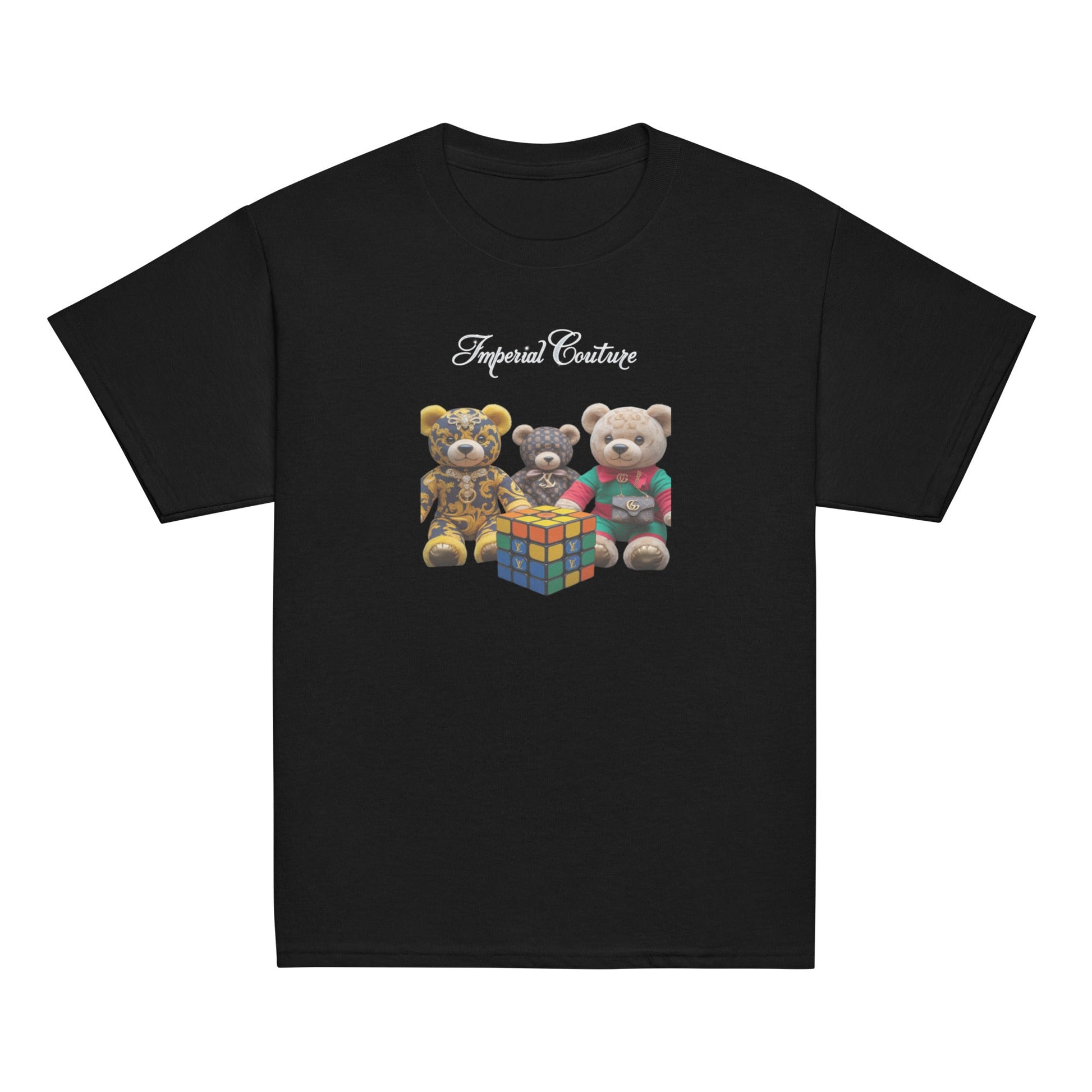 Youth classic tee in black featuring three teddy bears and a Rubik's cube design.